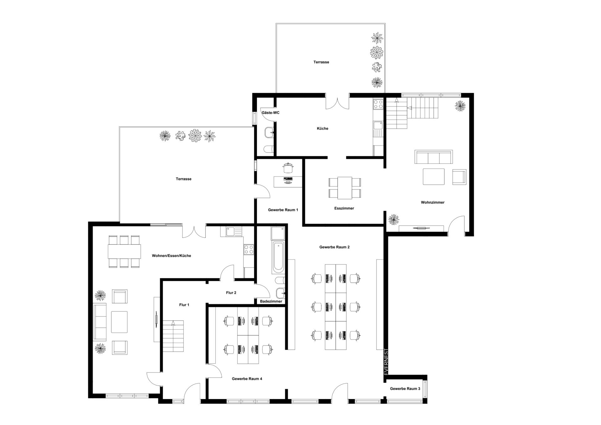 Grundriss einer Wohnung mit Wohnzimmer, Esszimmer, Küche, mehreren Zimmern und zwei Terrassen.