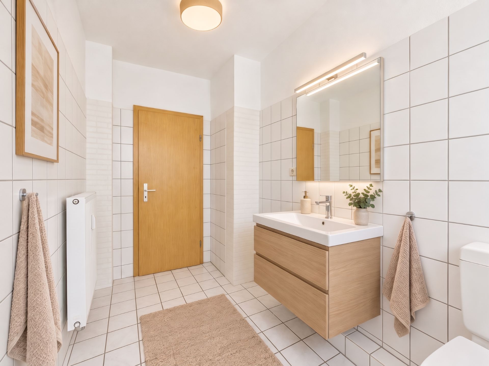 Helles Badezimmer mit Holztür, Spiegel, Waschbecken, Handtüchern und weiß gefliesten Wänden.