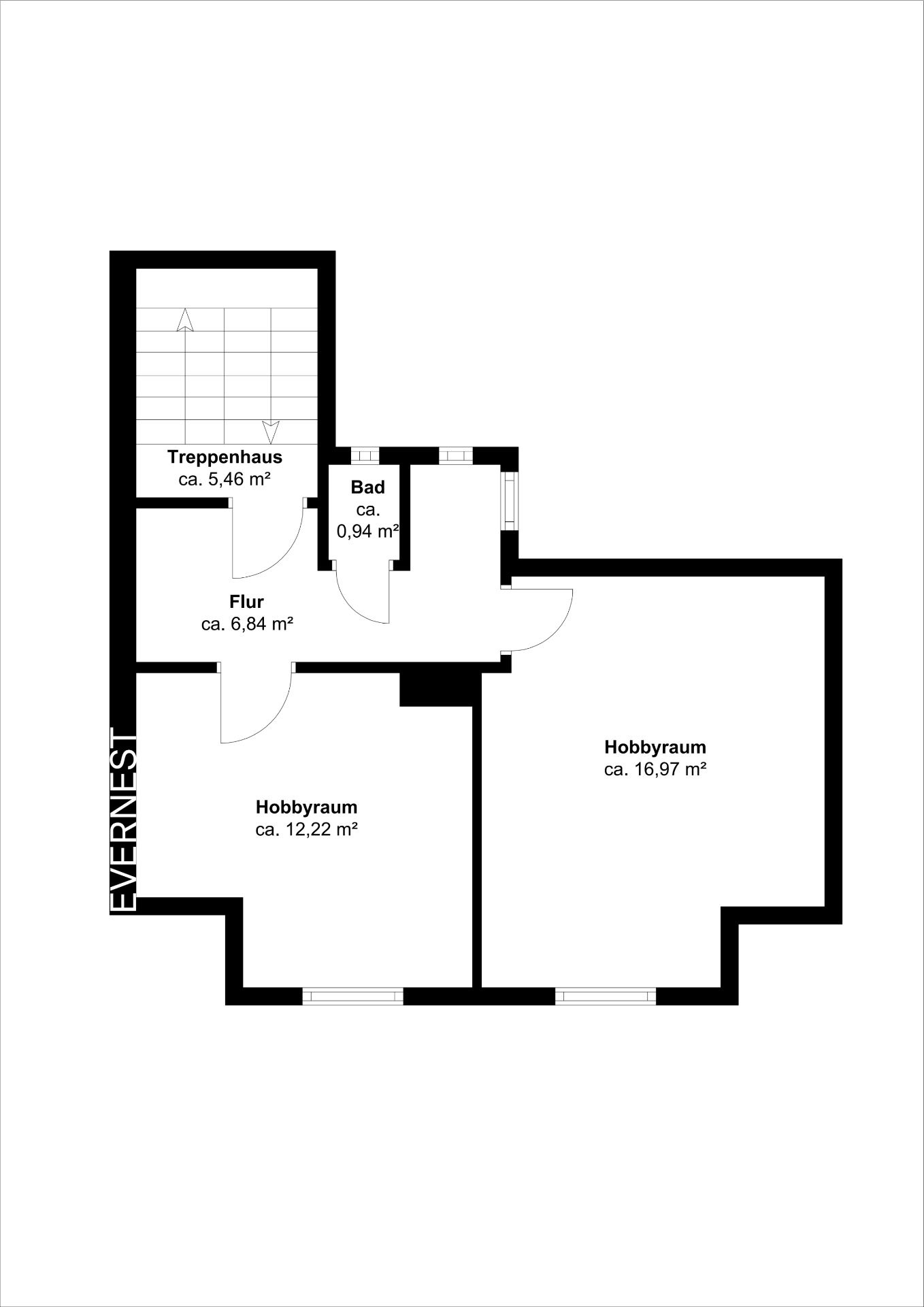 Grundriss mit zwei Hobbyräumen, Flur, Bad und Treppenhaus, Flächenangaben in Quadratmetern.