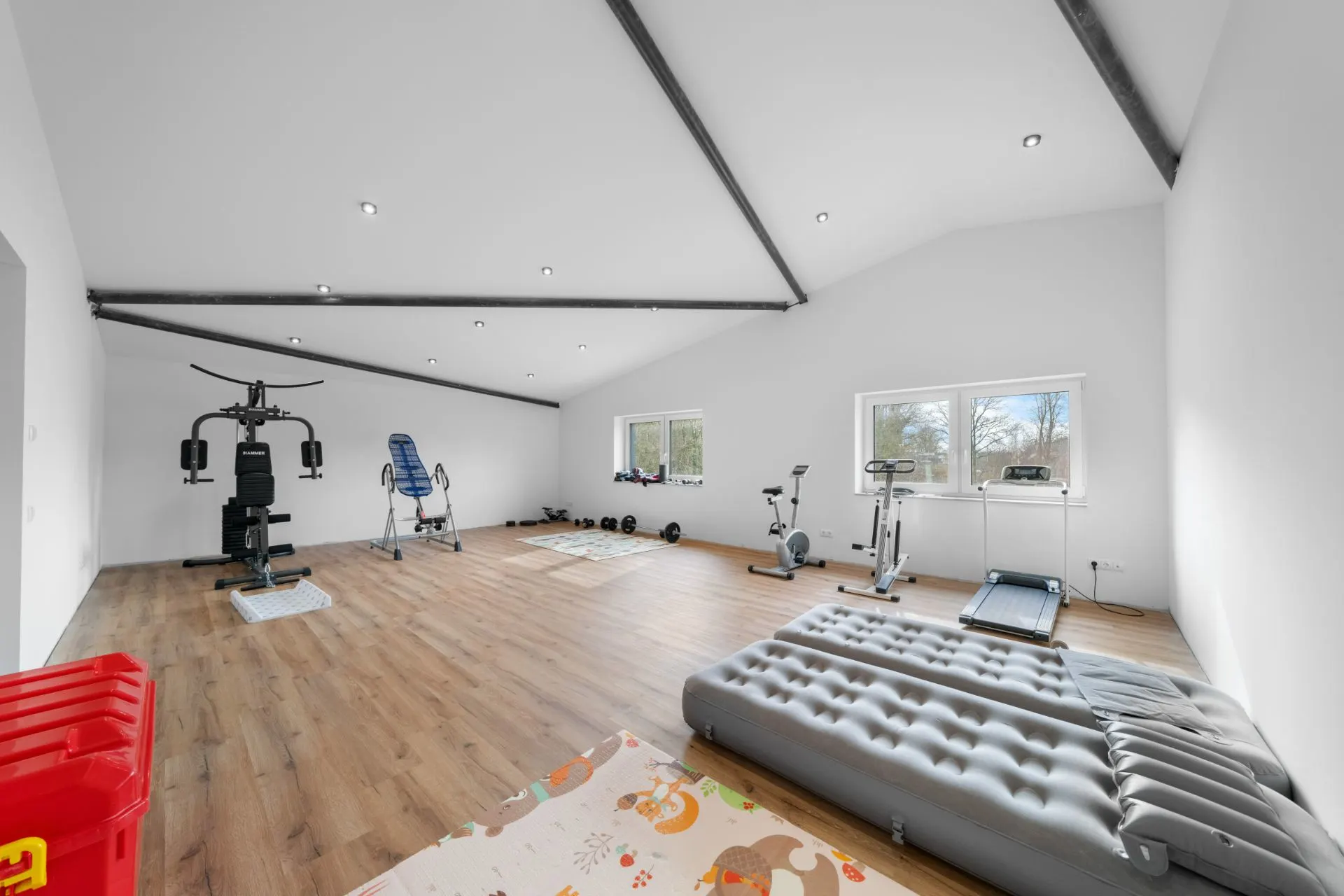 Heller Raum mit Fitnessgeräten, Fenster, Holzboden und aufblasbarem Bett.
