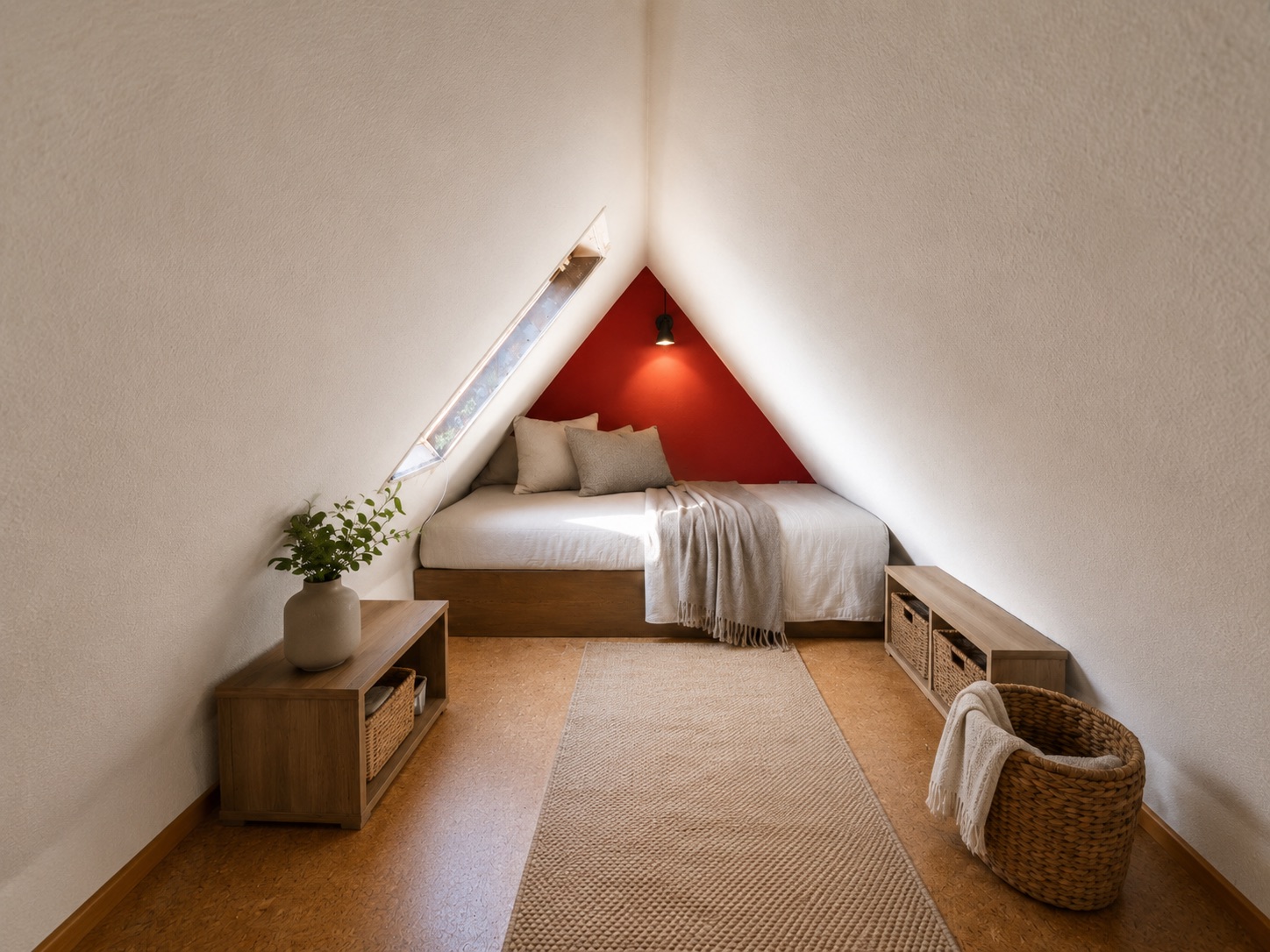 Gemütliches Schlafzimmer im Dachgeschoss mit Bett, roter Wand, Dachfenster und Holzmöbeln.