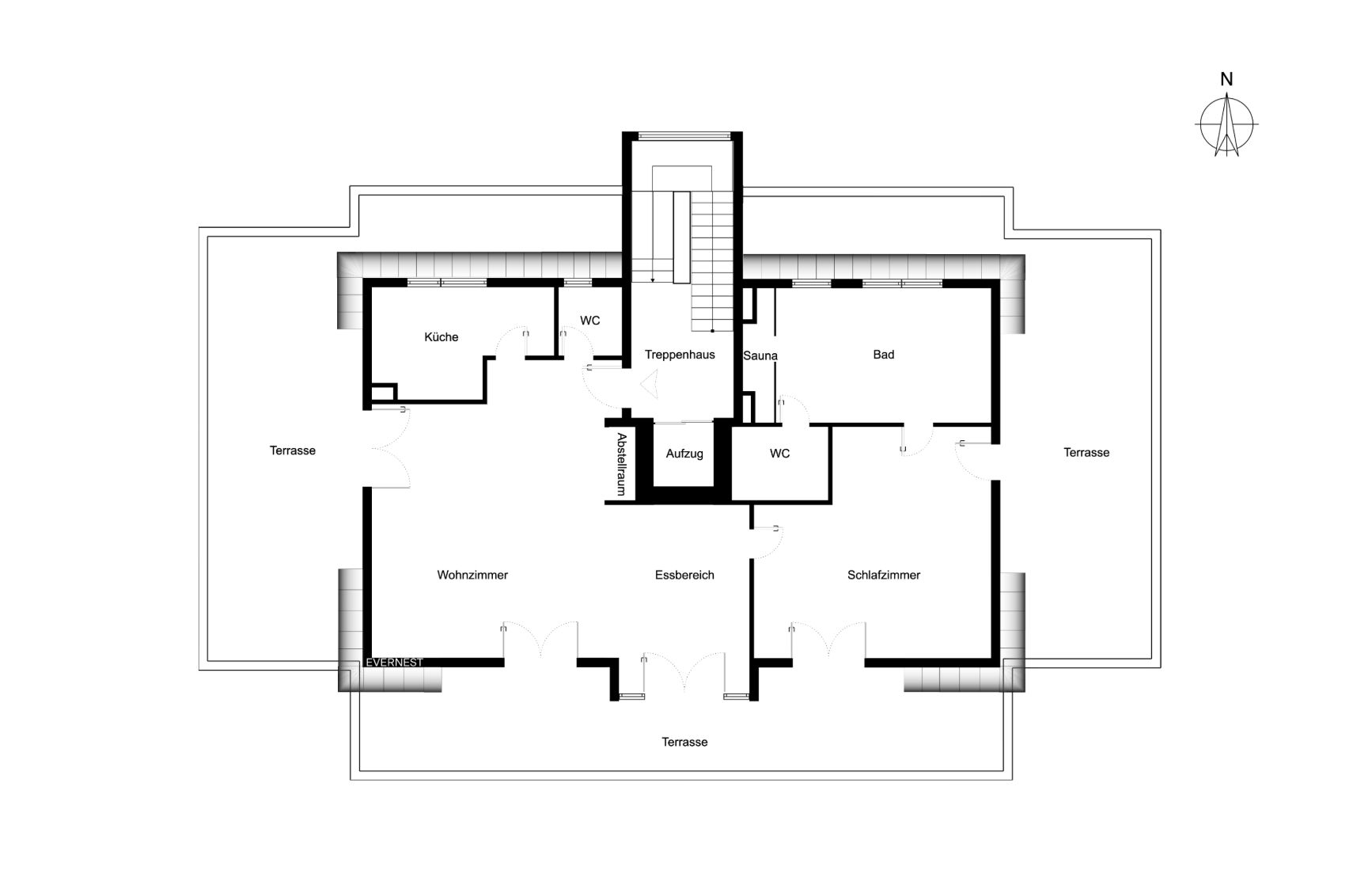 Grundriss einer Wohnung mit Wohnzimmer, Schlafzimmer, Küche, Bad, Sauna, Essbereich und mehreren Terrassen.