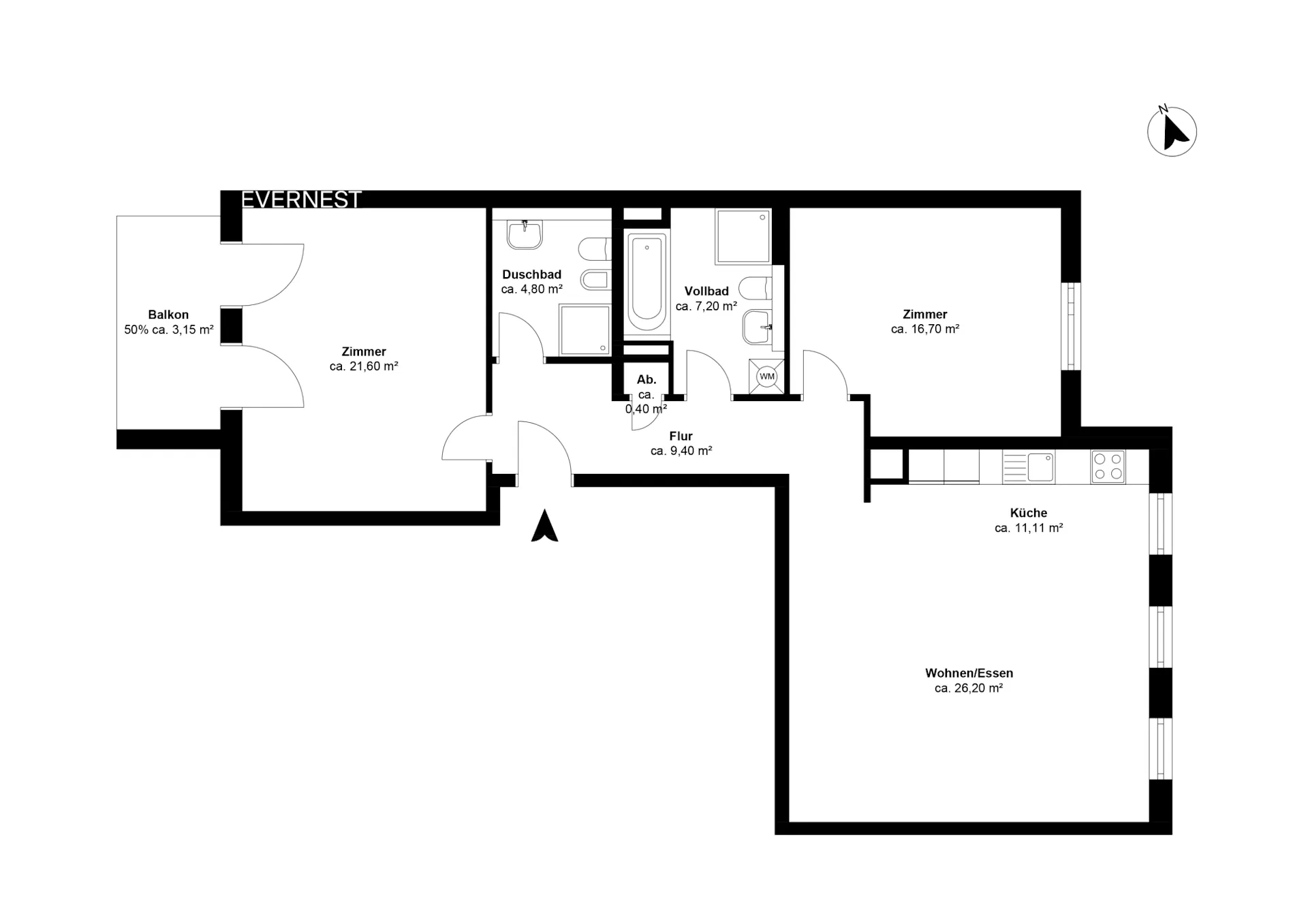 Wohnungsgrundriss mit zwei Zimmern, Küche, Wohnbereich, Balkon, Duschbad und Vollbad.
