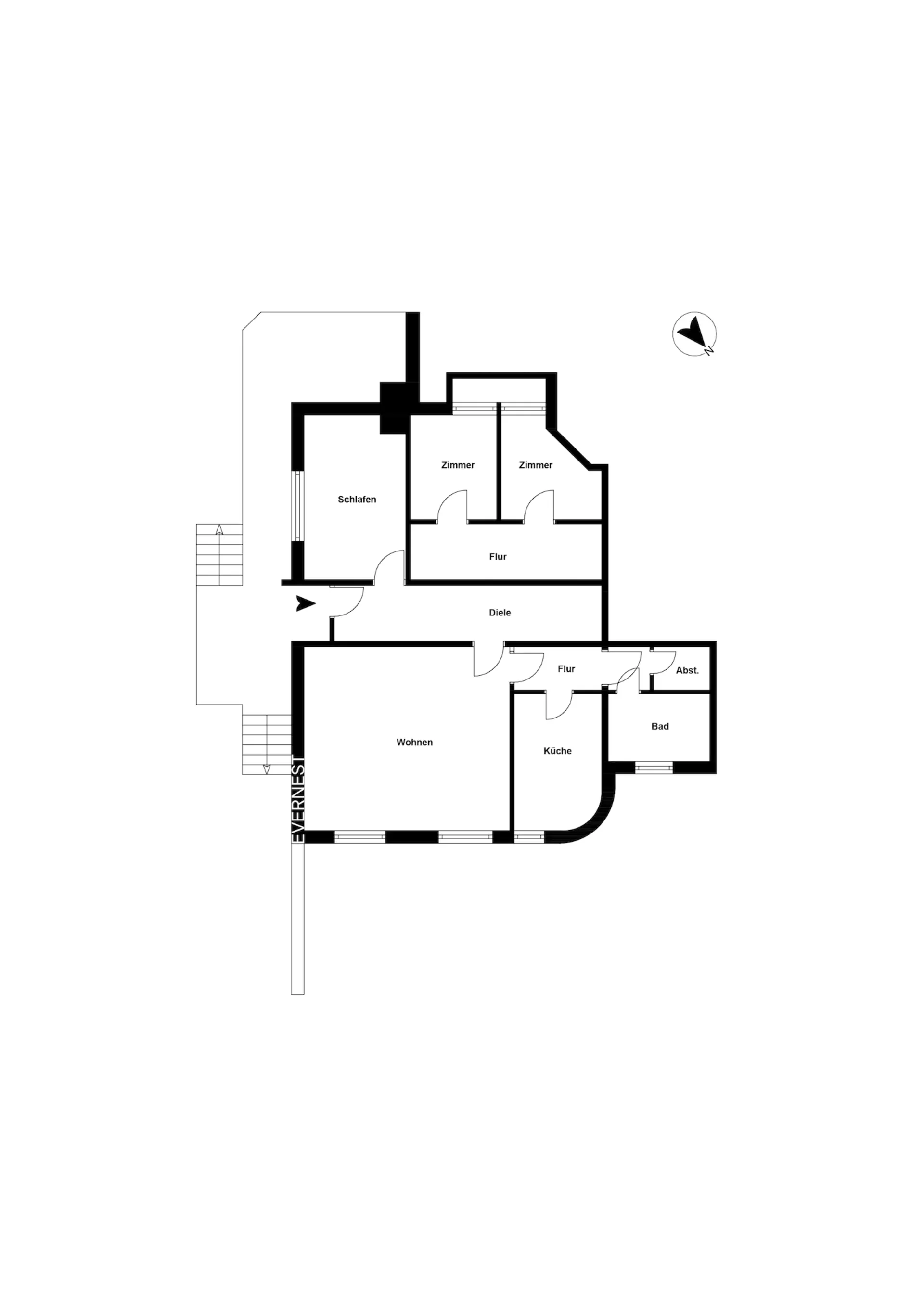 Grundriss einer Wohnung mit Wohnzimmer, Küche, Bad, Schlafzimmer und zwei weiteren Zimmern.