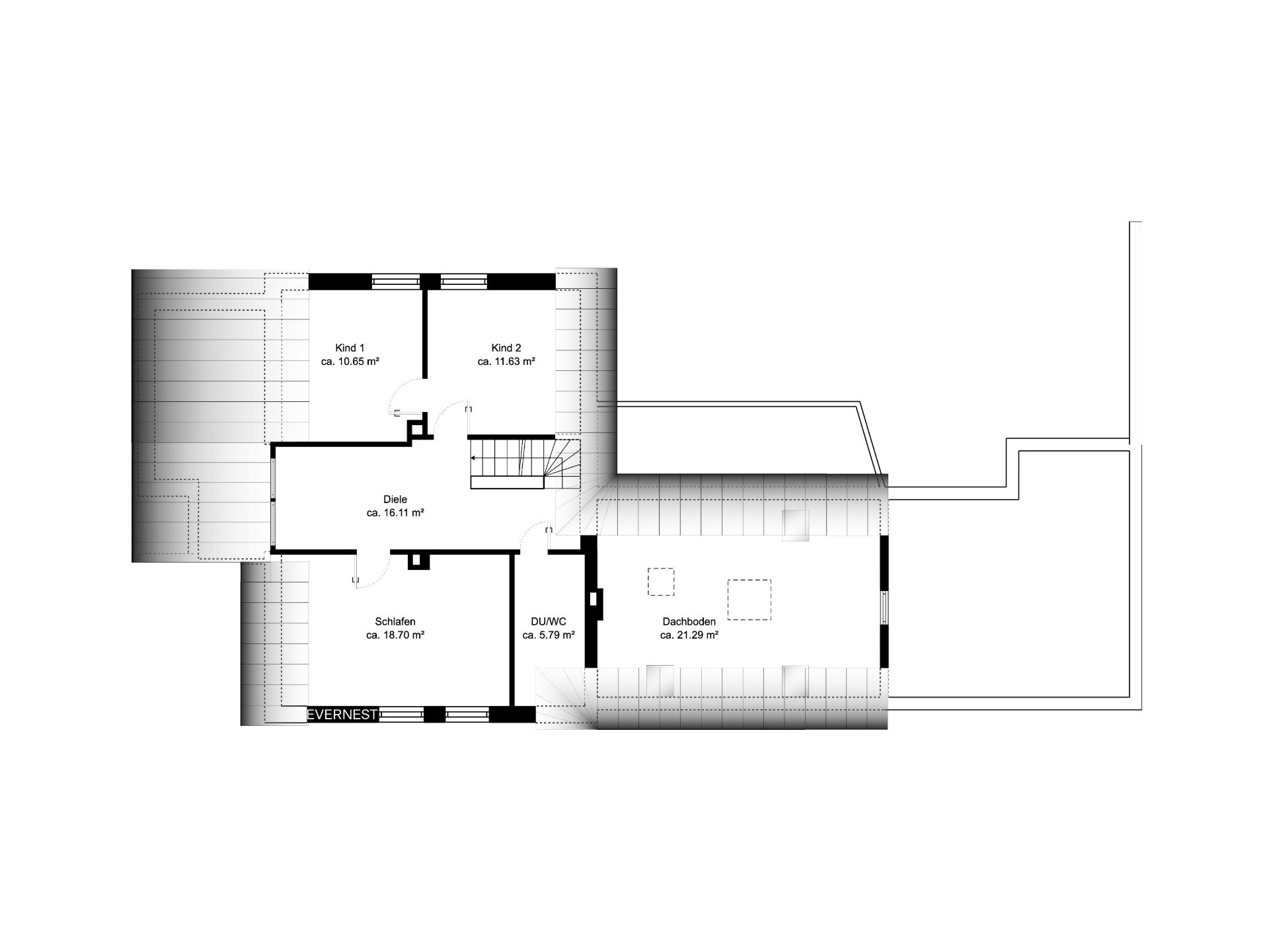 Grundriss eines Hauses mit Schlafzimmern, Flur, Bad und Dachboden.