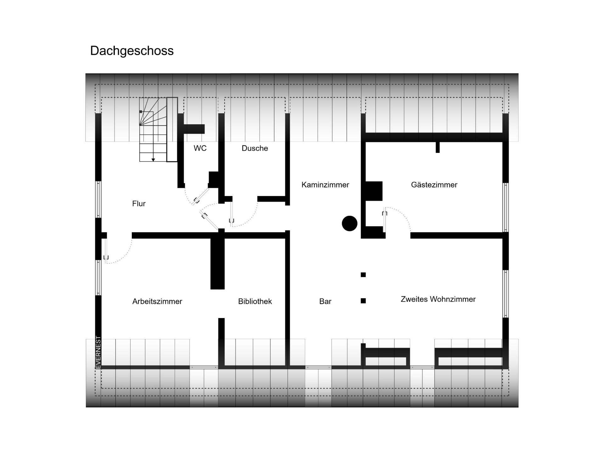 Grundriss eines Dachgeschosses mit Arbeitszimmer, Bibliothek, Gästezimmer, Bar und Wohnzimmer.