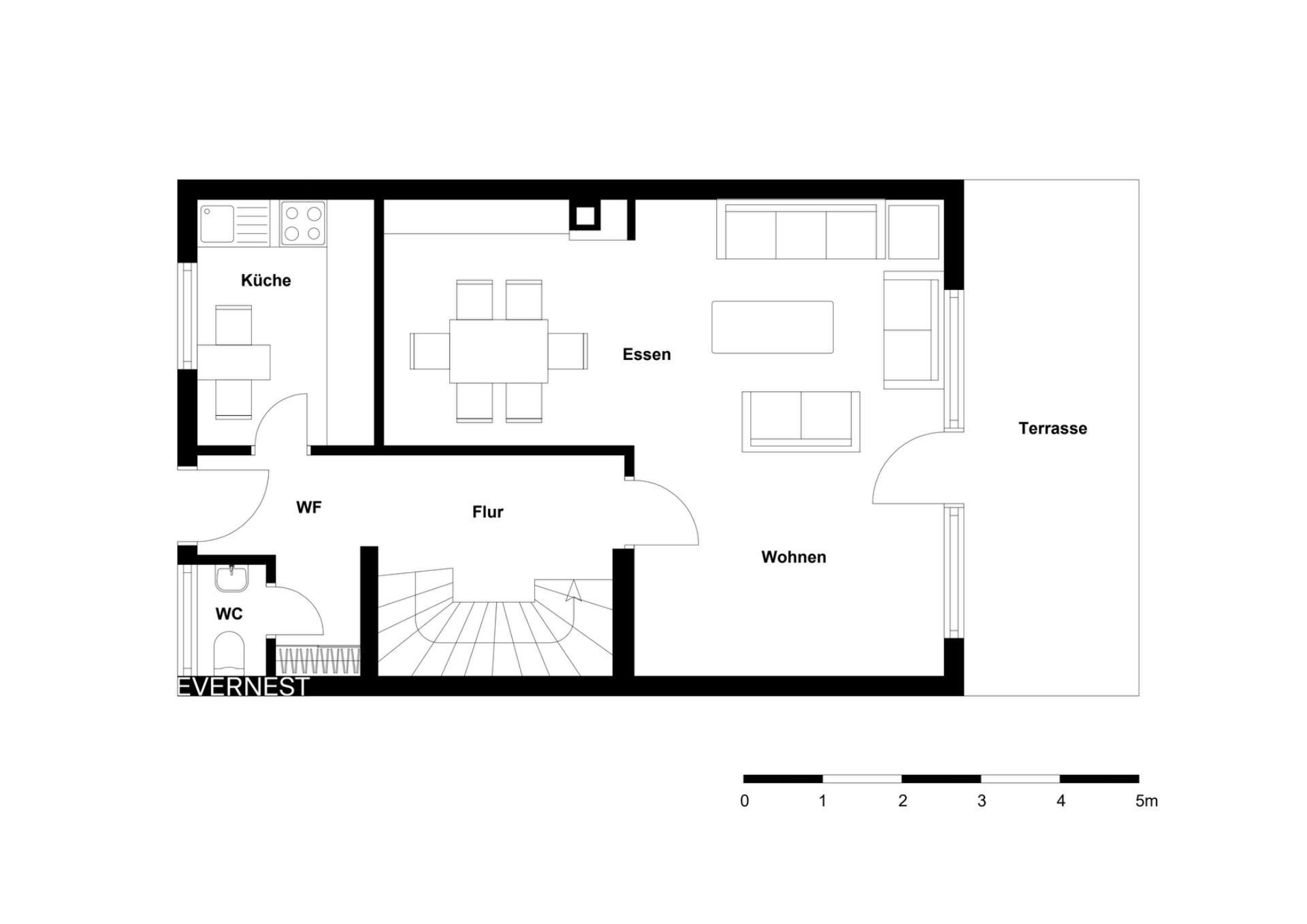 Grundriss mit Küche, Essbereich, Wohnzimmer, WC, Flur und Terrasse.