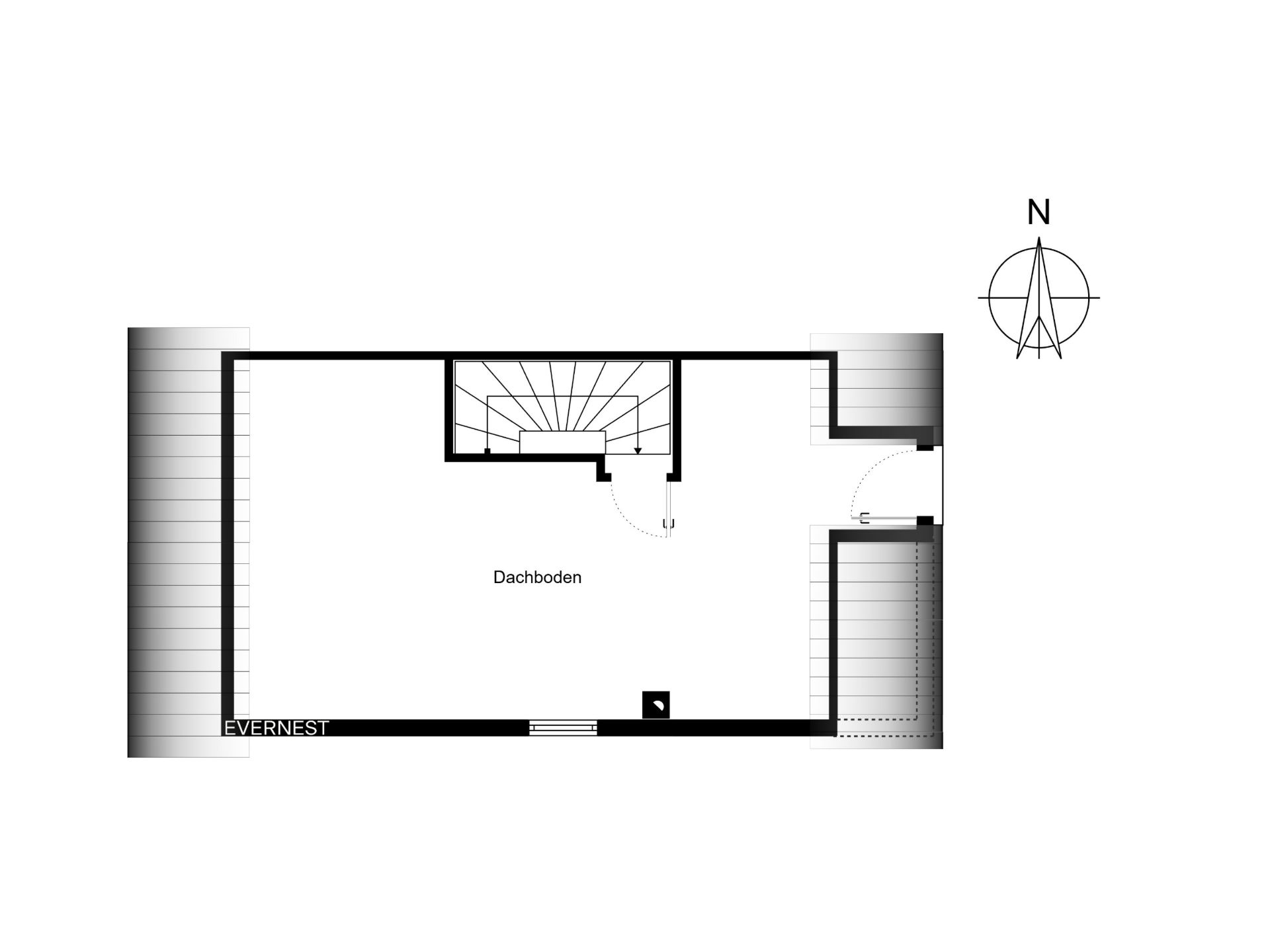 Grundriss eines Dachbodens mit Treppe und angrenzenden Balkonen.