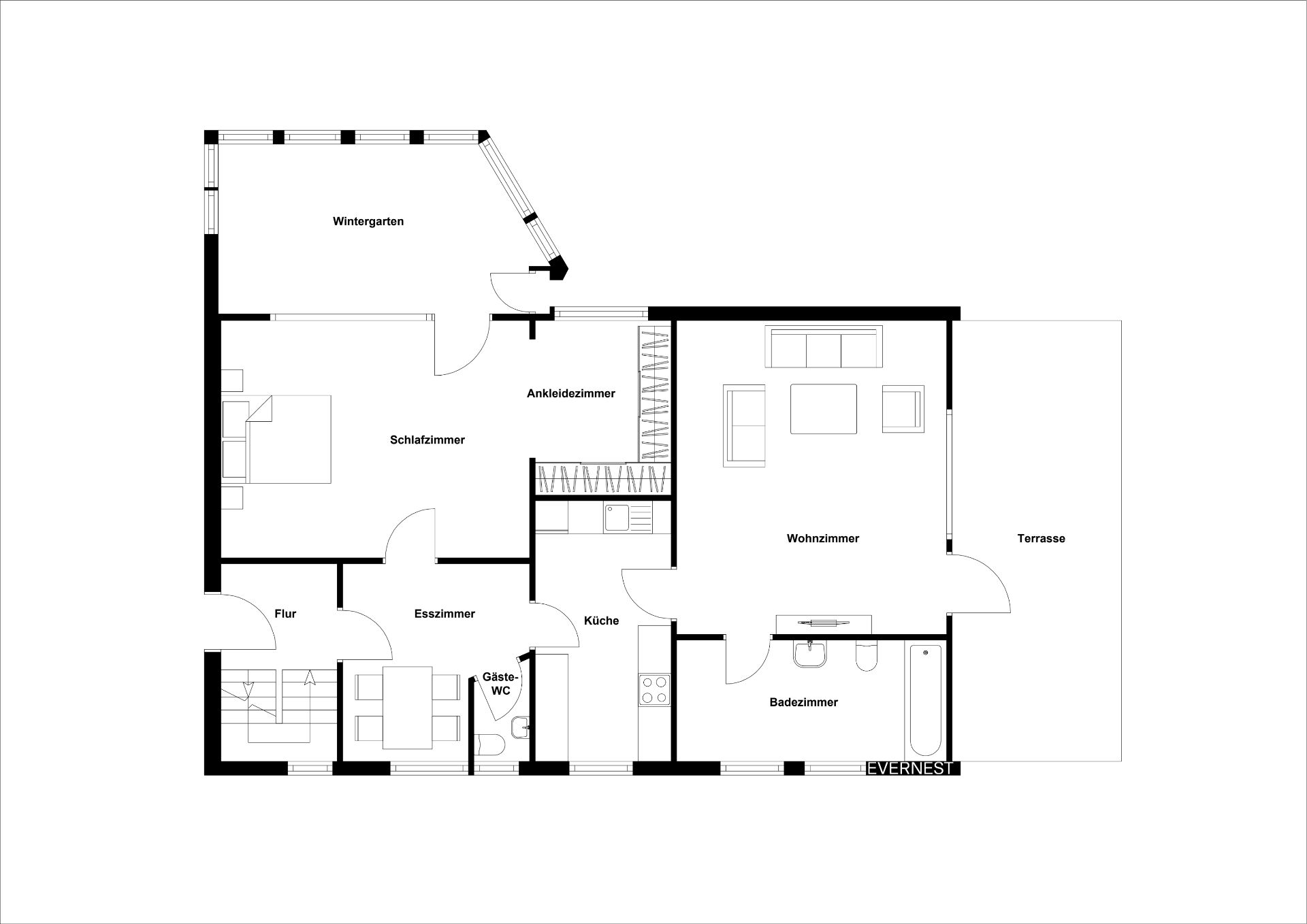 Grundriss einer Wohnung mit Schlafzimmer, Wohnzimmer, Küche, Bad, Esszimmer, Wintergarten und Terrasse.