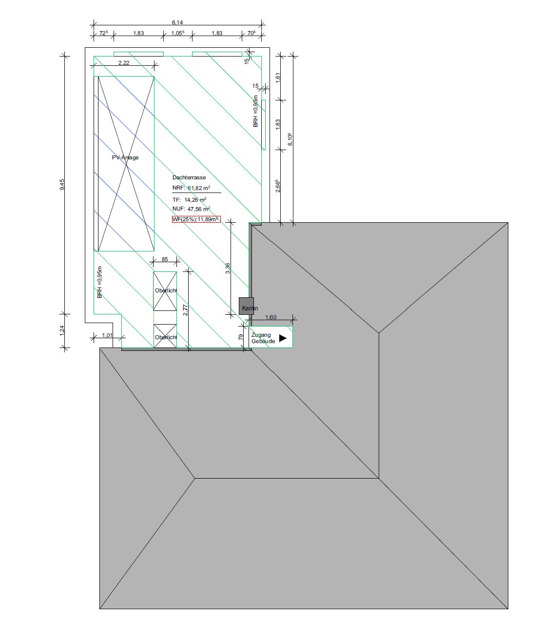 Grundriss einer Dachterrasse mit Maßangaben und Zugang.