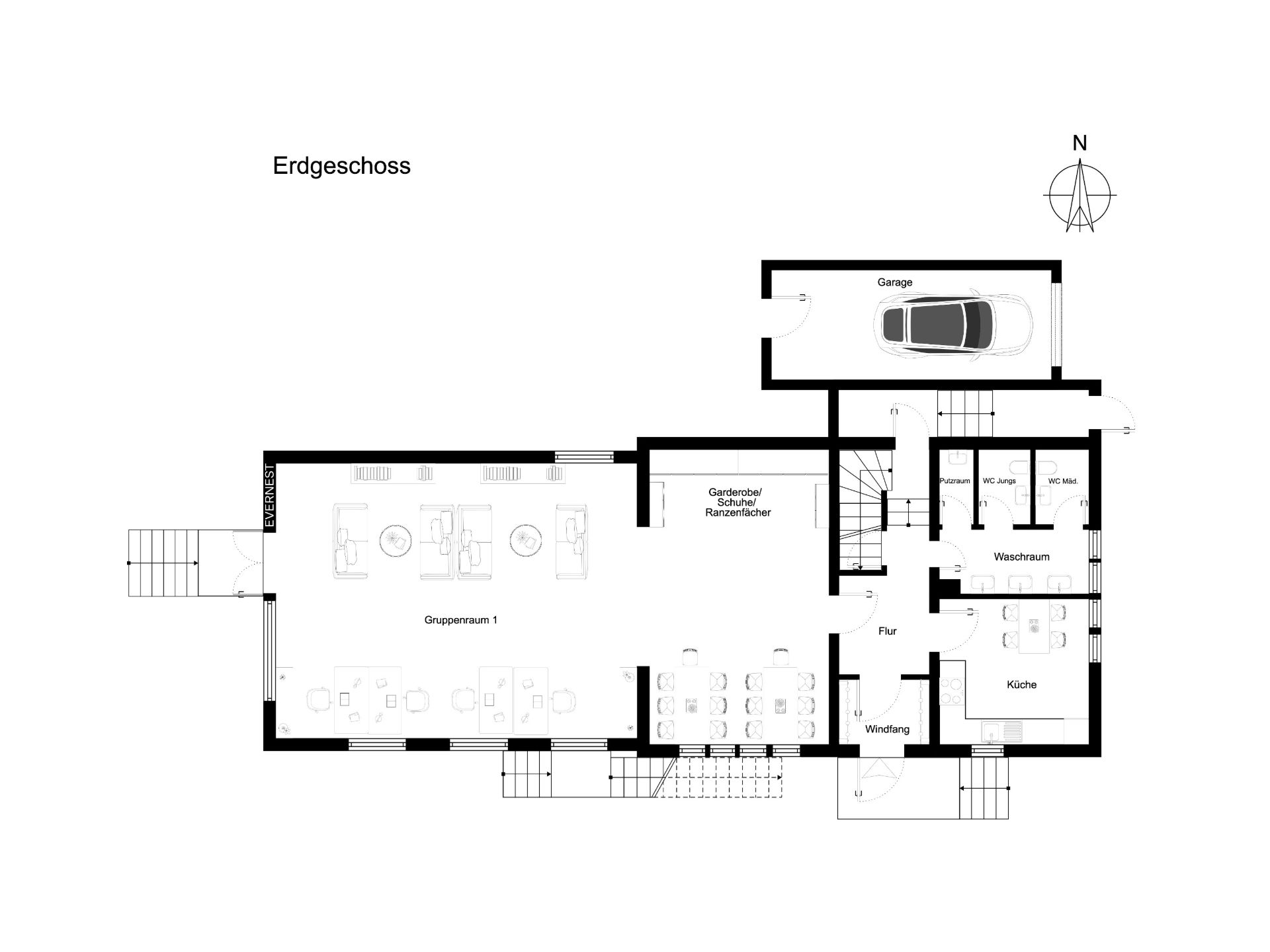 Grundriss des Erdgeschosses mit Garage, Küche, Waschraum, Flur und weiteren Räumen.