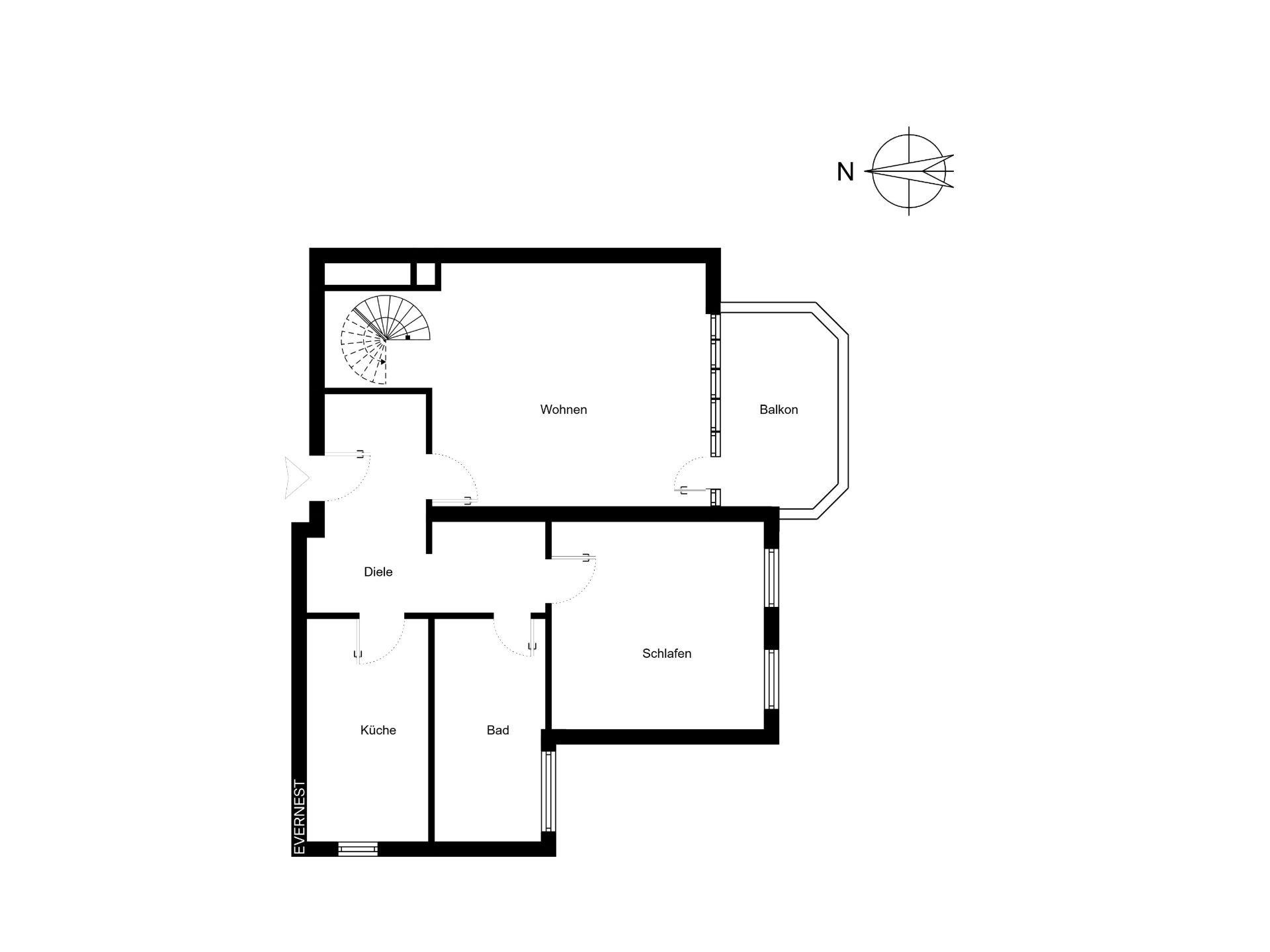 Grundriss einer Wohnung mit Wohnzimmer, Schlafzimmer, Küche, Bad, Diele und Balkon.