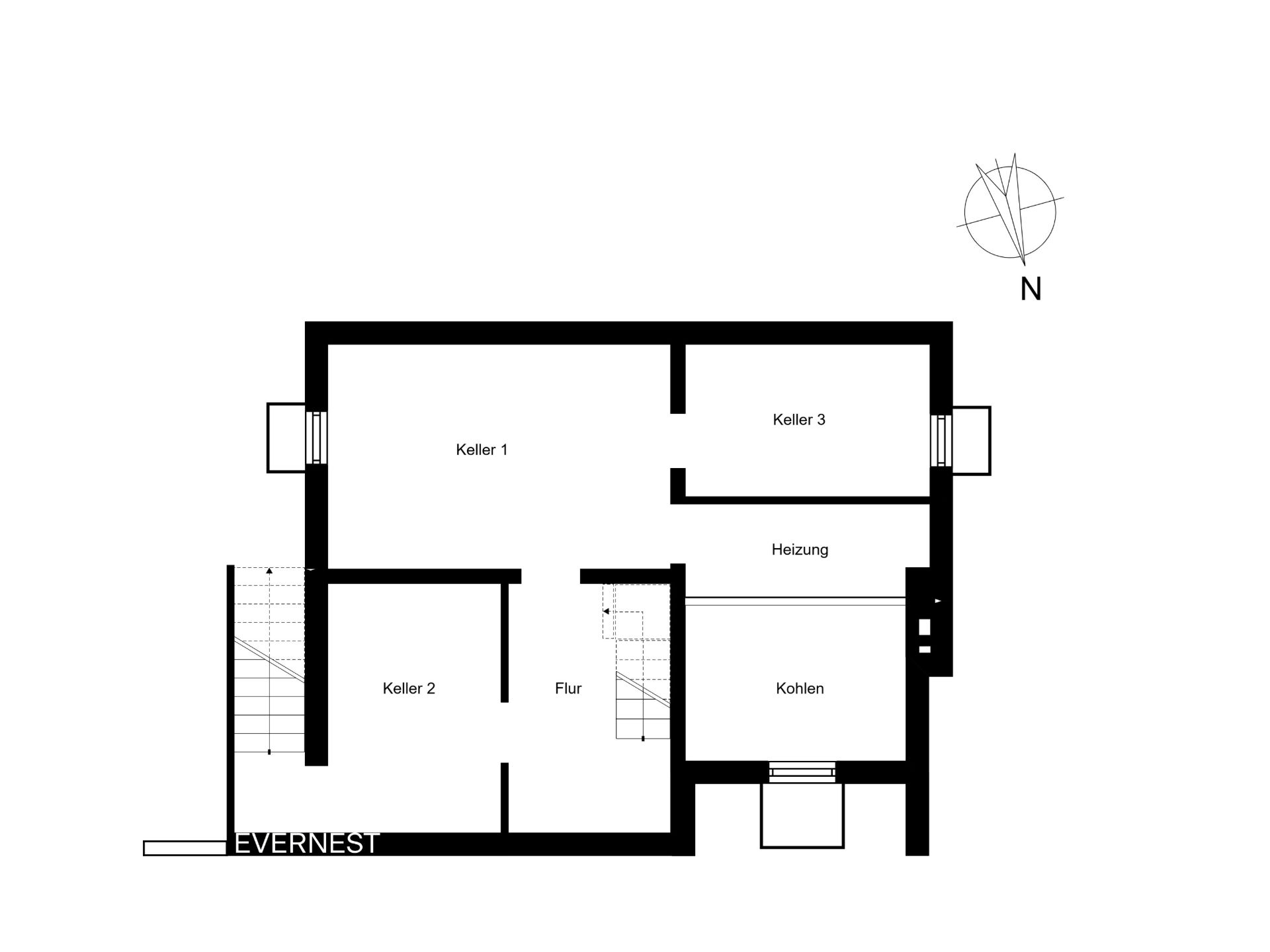 Grundriss eines Kellers mit drei Kellerräumen, Heizung, Kohlenraum und Flur.