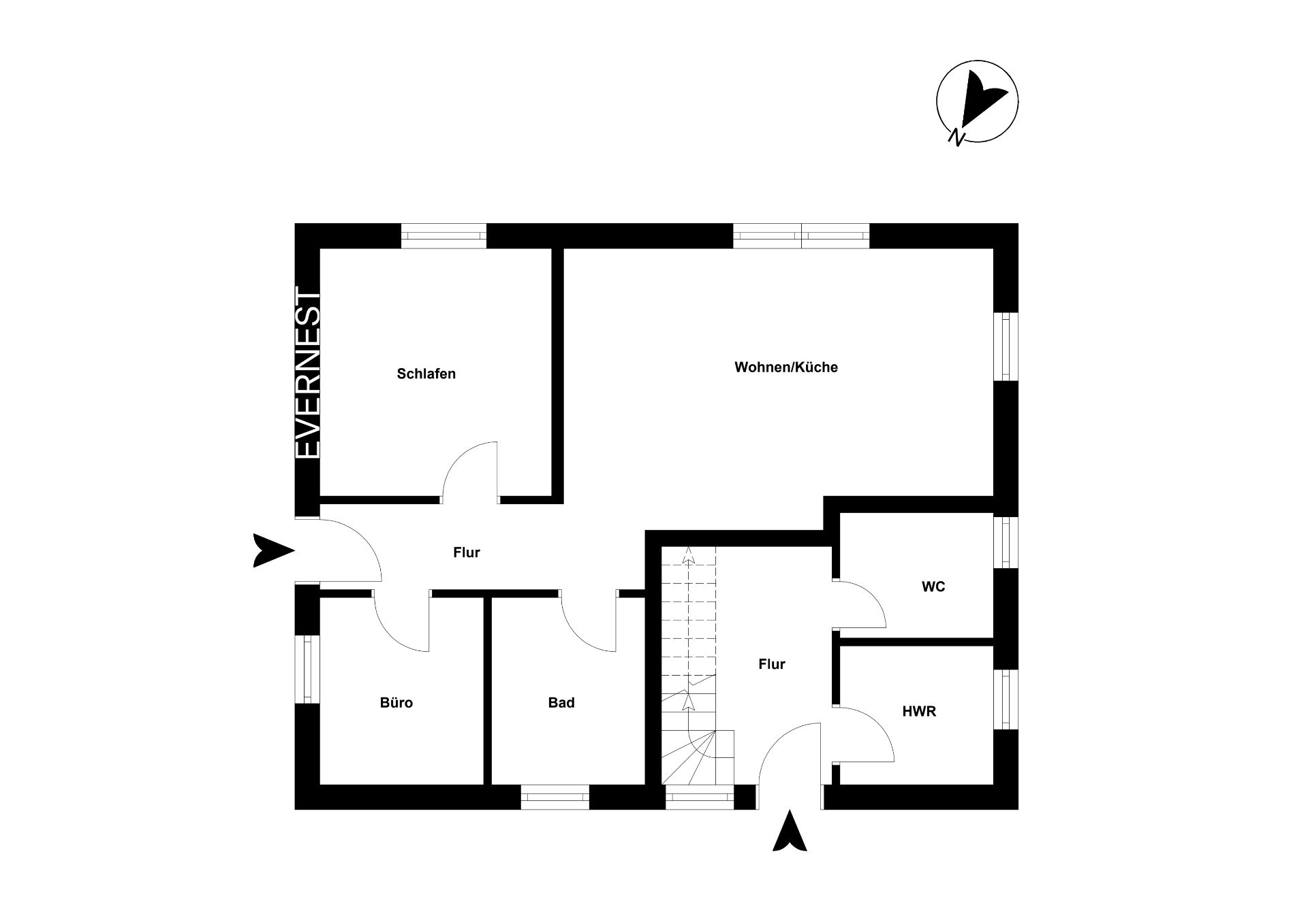 Grundriss mit Schlafzimmer, Büro, Bad, Wohnküche, Flur, WC und Hauswirtschaftsraum.