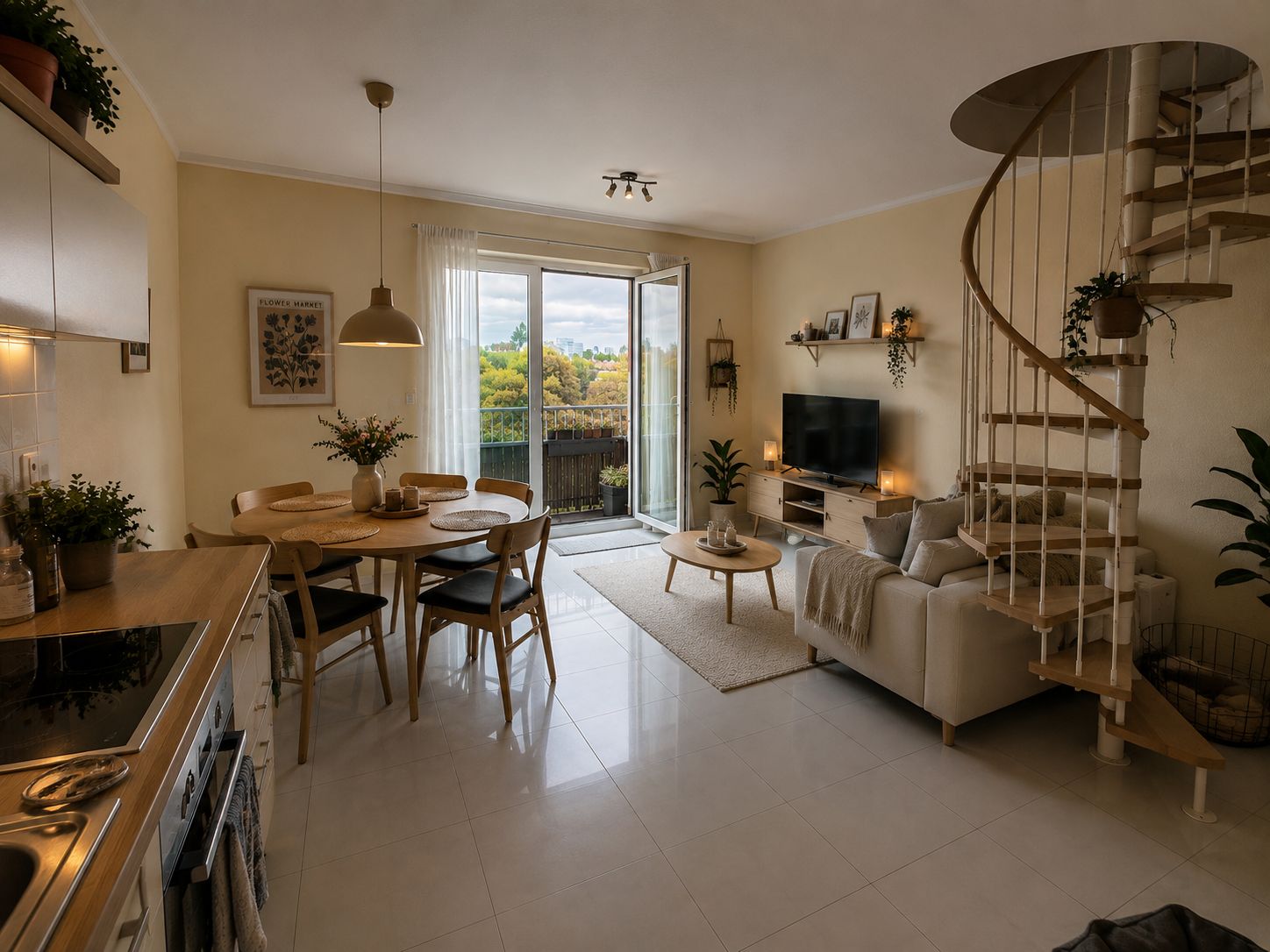 Helles Wohnzimmer mit offener Küche, Esstisch, Sofa, Fernseher und Wendeltreppe.