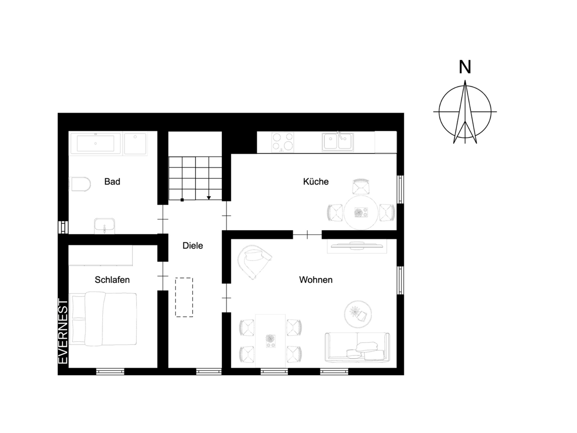 Grundriss einer Wohnung mit Bad, Schlafzimmer, Küche, Wohnzimmer und Flur.