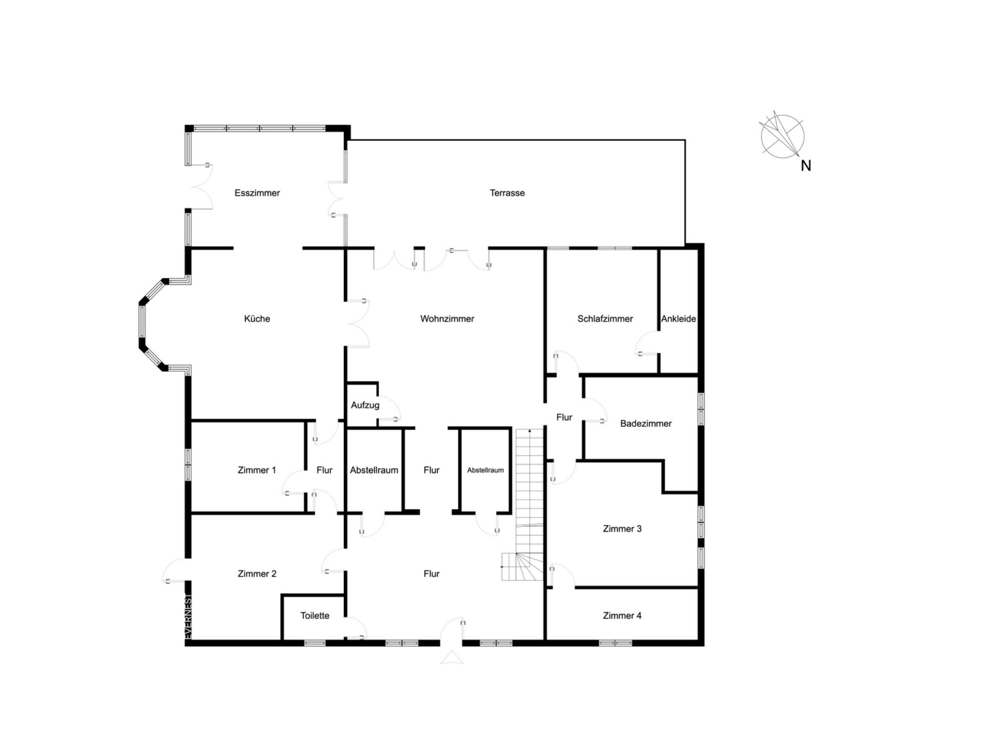 Grundriss einer Wohnung mit Wohnzimmer, Küche, vier Zimmern, Bad und Terrasse.