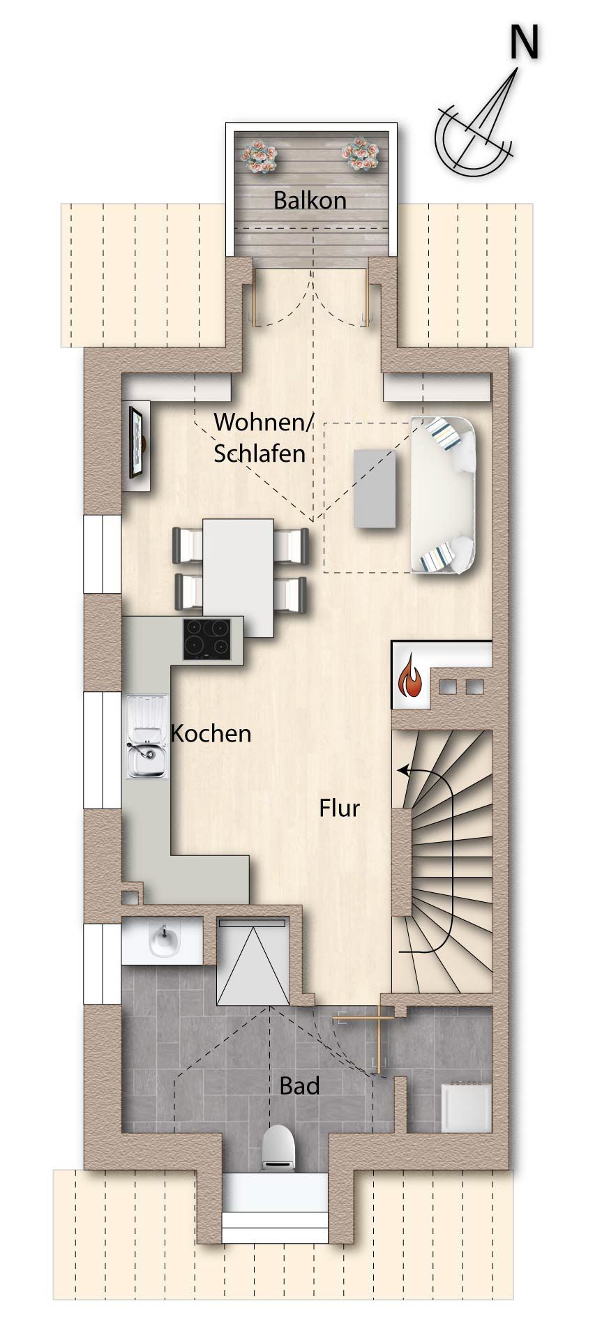 Grundriss einer Wohnung mit Bad, Flur, Küche, Wohn-/Schlafbereich und Balkon.