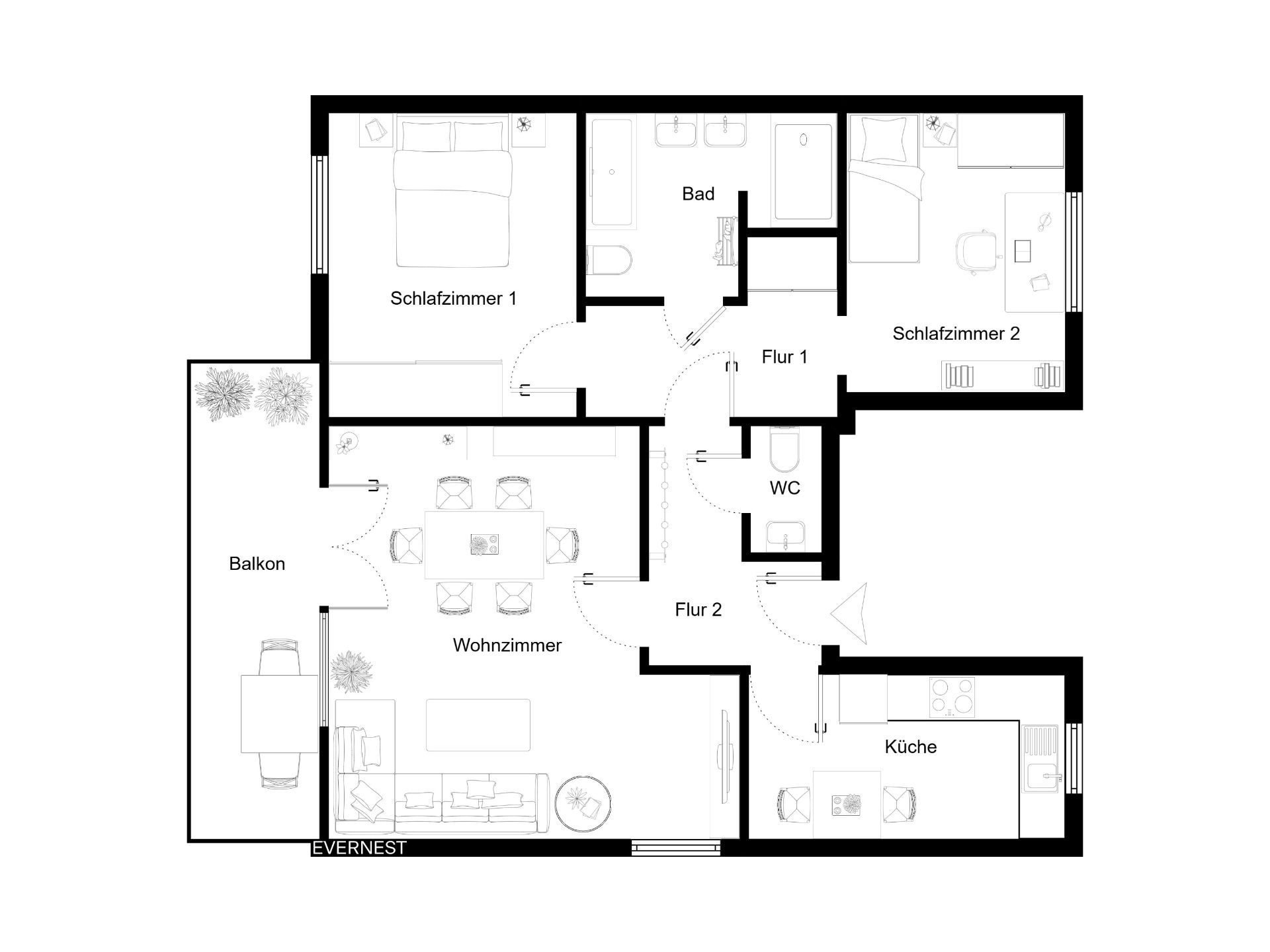 Grundriss einer Wohnung mit zwei Schlafzimmern, Wohnzimmer, Küche, Bad, WC und Balkon.