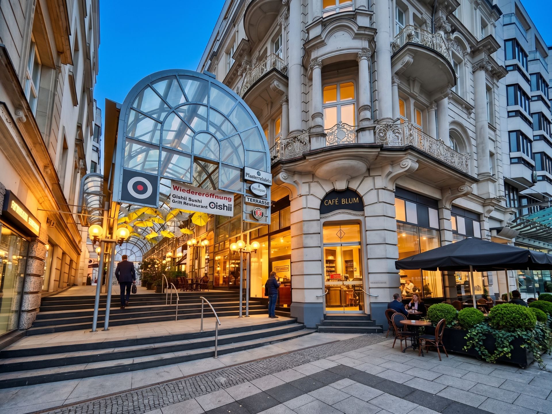 Straßenszene mit historischem Gebäude, Café und überdachtem Eingang, Menschen gehen vorbei.