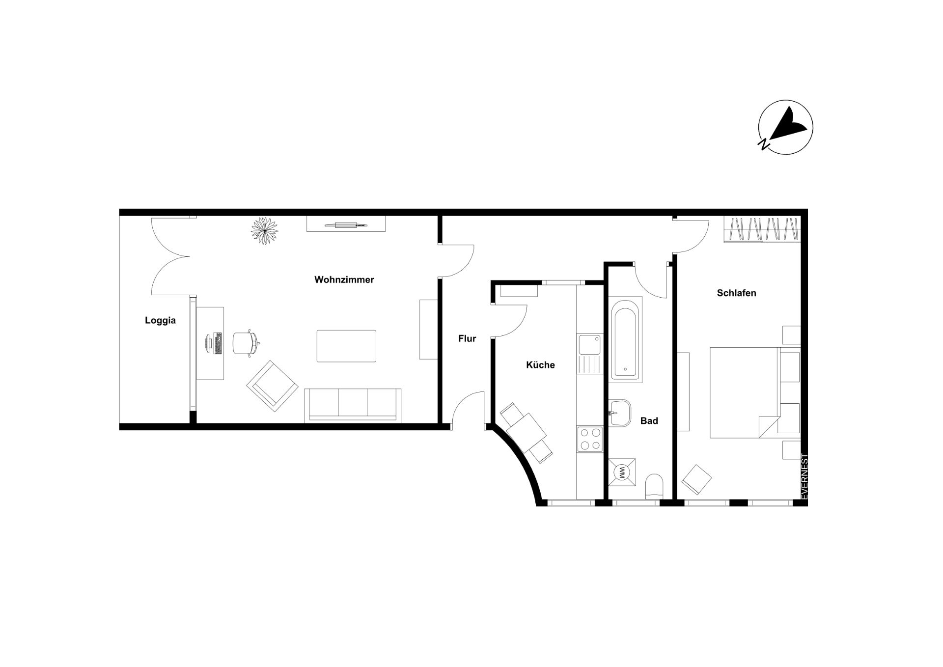 Grundriss einer Wohnung mit Wohnzimmer, Schlafzimmer, Küche, Bad und Loggia.
