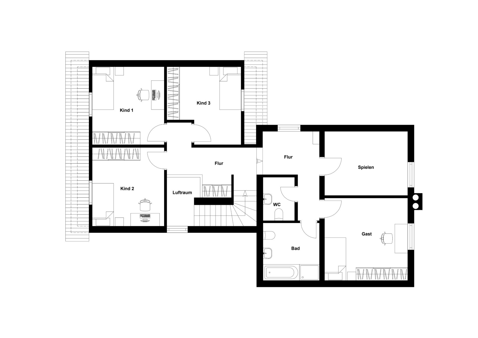 Grundriss eines Wohnhauses mit mehreren Zimmern, darunter Kinderzimmer, Bad und Gästezimmer.