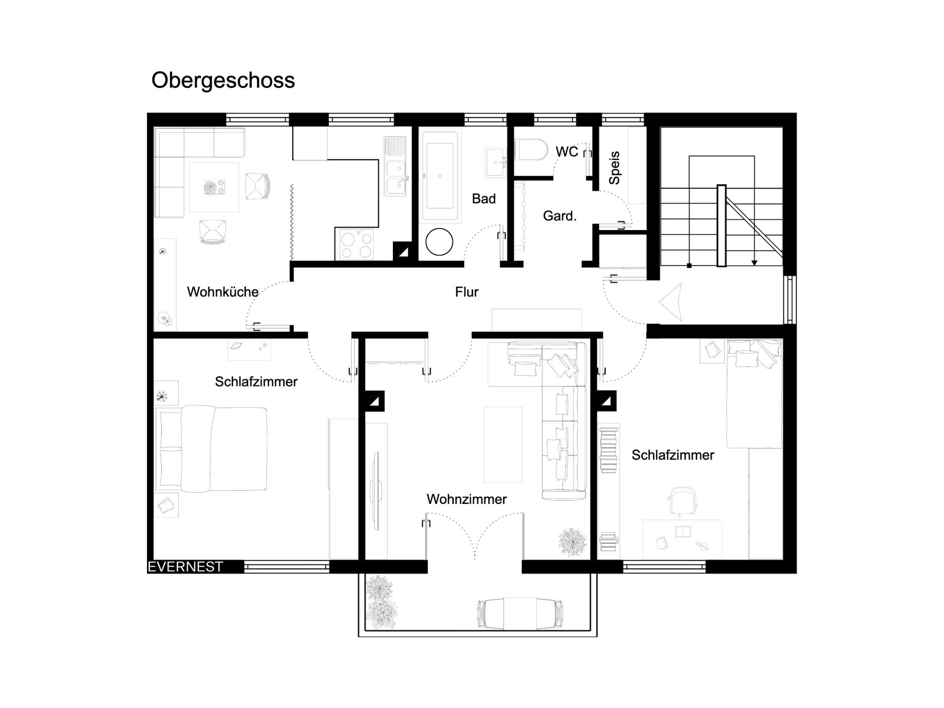 Grundriss eines Obergeschosses mit Wohnzimmer, Wohnküche, zwei Schlafzimmern, Bad und Flur.