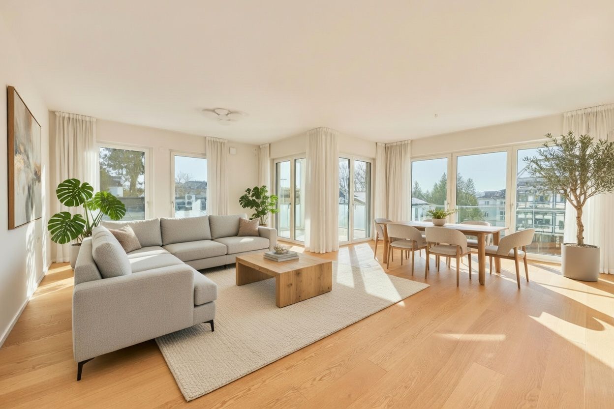 Helles Wohnzimmer mit Ecksofa, Teppich, Couchtisch, Esstisch und großen Fenstern.