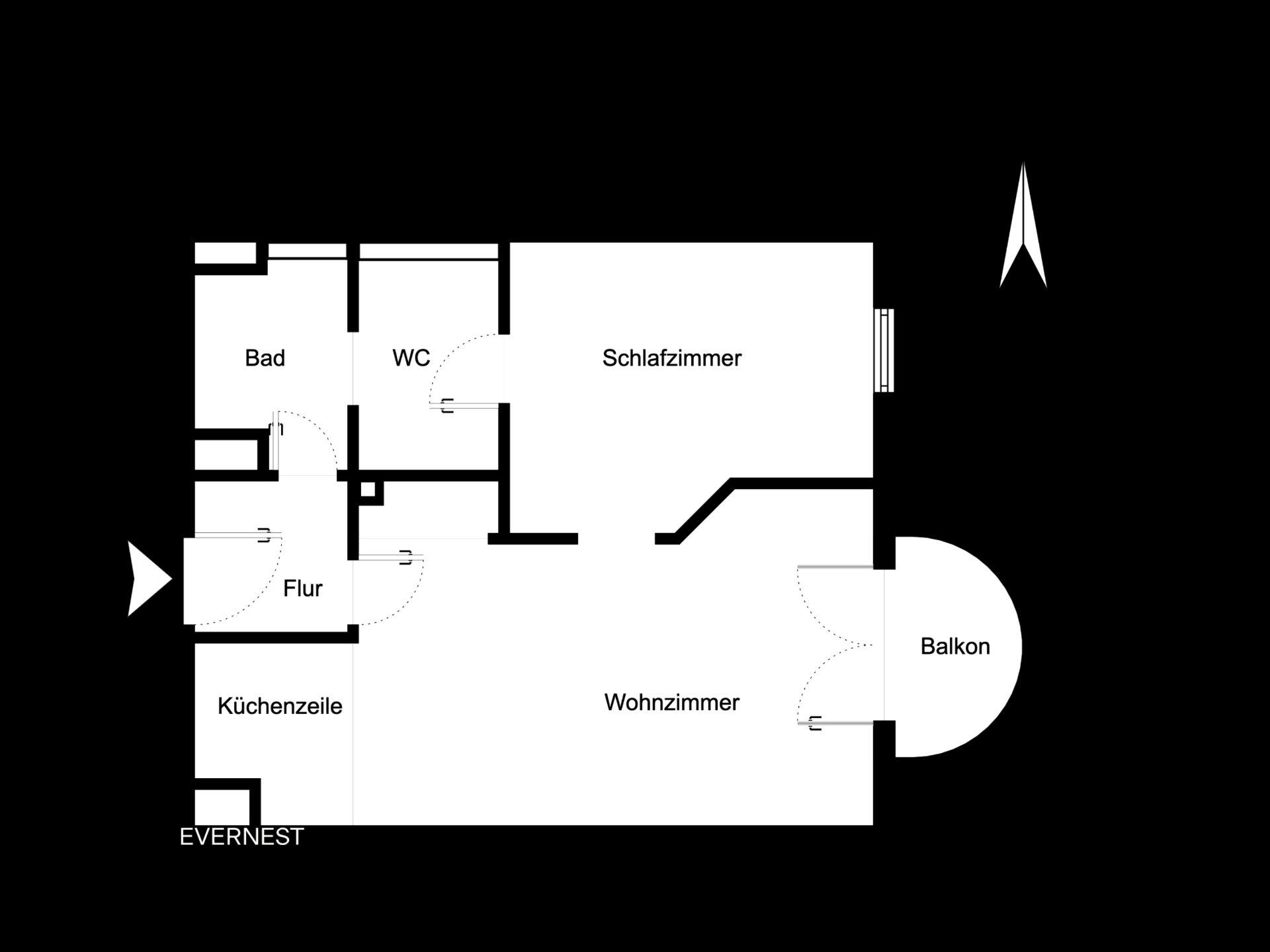 Grundriss einer Wohnung mit Schlafzimmer, Wohnzimmer, Bad, WC, Flur, Küchenzeile und Balkon.