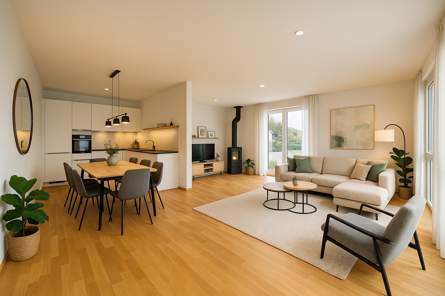 Modernes Wohnzimmer mit offener Küche, Esstisch und großen Fenstern auf hellem Holzboden.