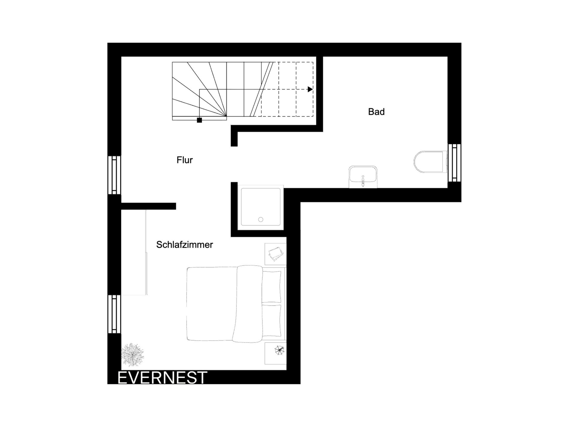 Grundriss mit Schlafzimmer, Flur, Bad und Treppe.