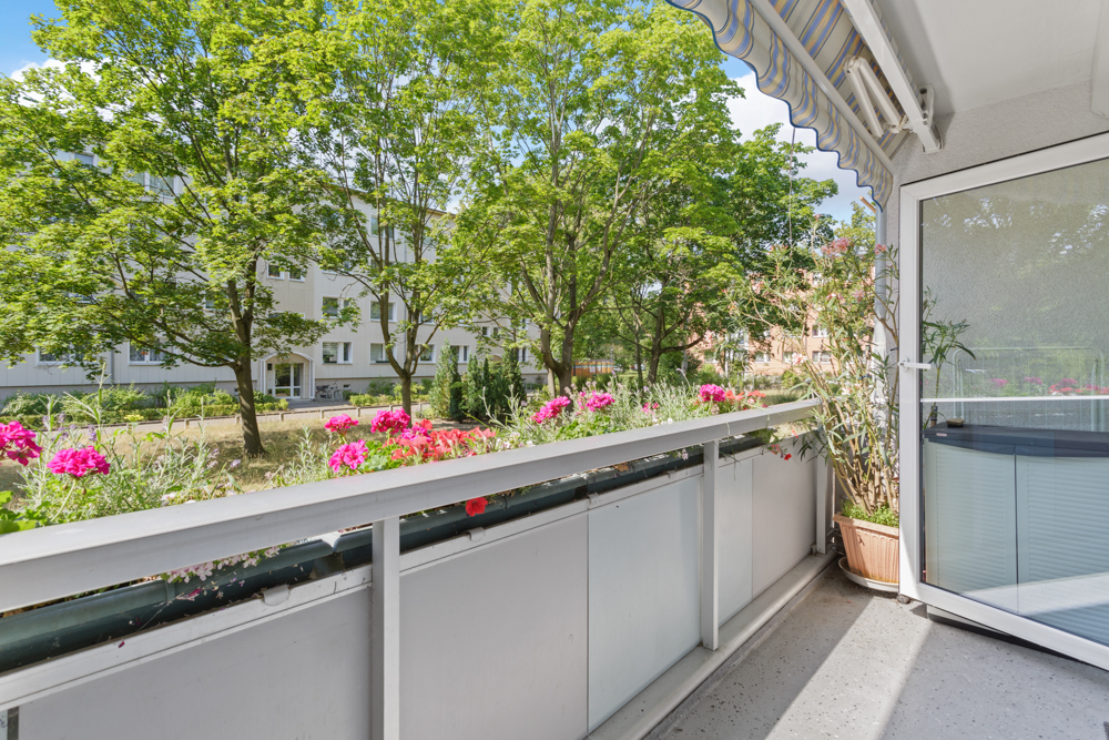 Balkon mit Blumen, Blick auf grüne Bäume und gegenüberliegendes Wohngebäude.