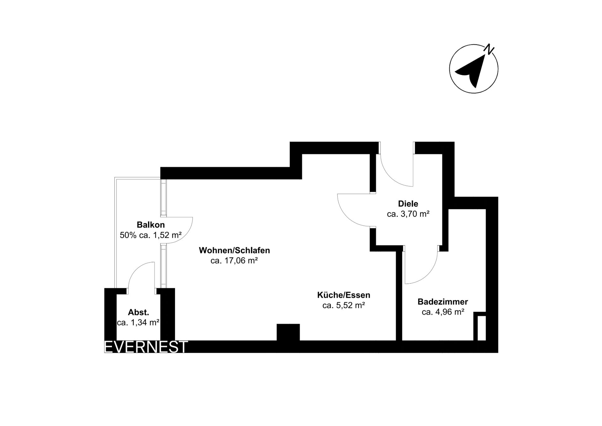 Grundriss einer Wohnung mit Balkon, Wohnbereich, Küche, Bad, Diele und Abstellraum.