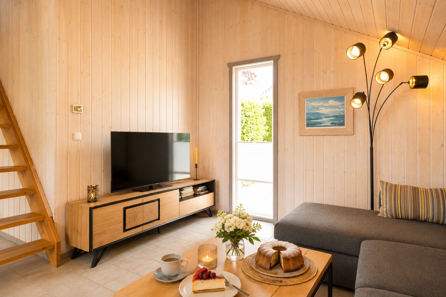 Helles Wohnzimmer mit Holzdecke, Sofa, Fernseher, Stehlampe und gedecktem Kaffeetisch.