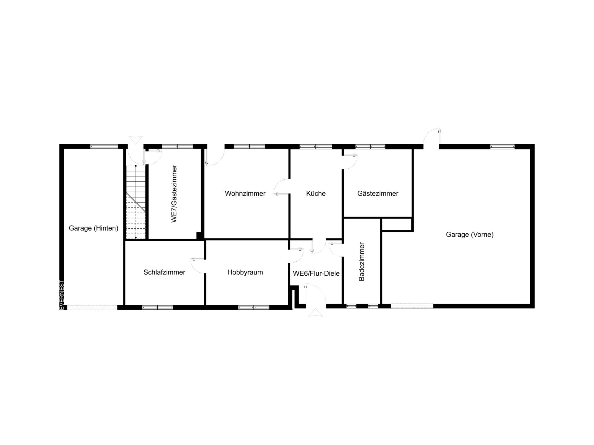 Grundriss mit Schlafzimmer, Wohnzimmer, Küche, Gästezimmer, Hobbyraum, Bad und zwei Garagen.
