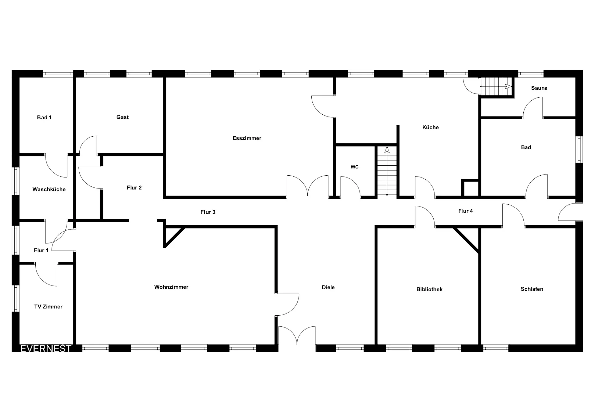 Grundriss eines Hauses mit Beschriftungen für verschiedene Räume und Flure.