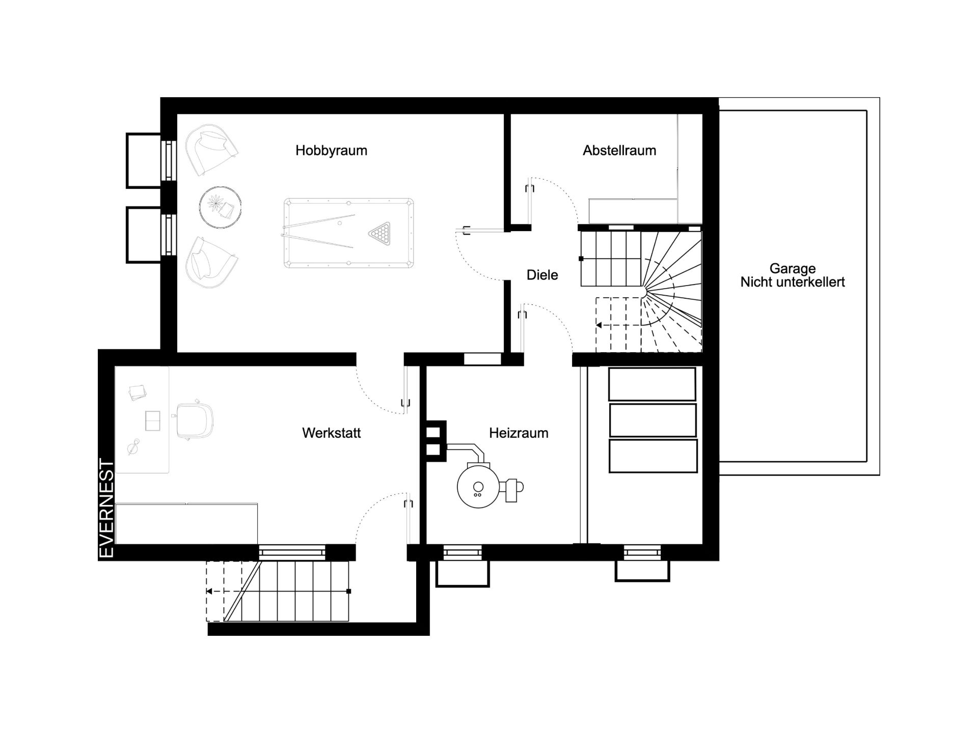 Grundriss mit Hobbyraum, Werkstatt, Heizraum, Abstellraum, Diele und Garage.
