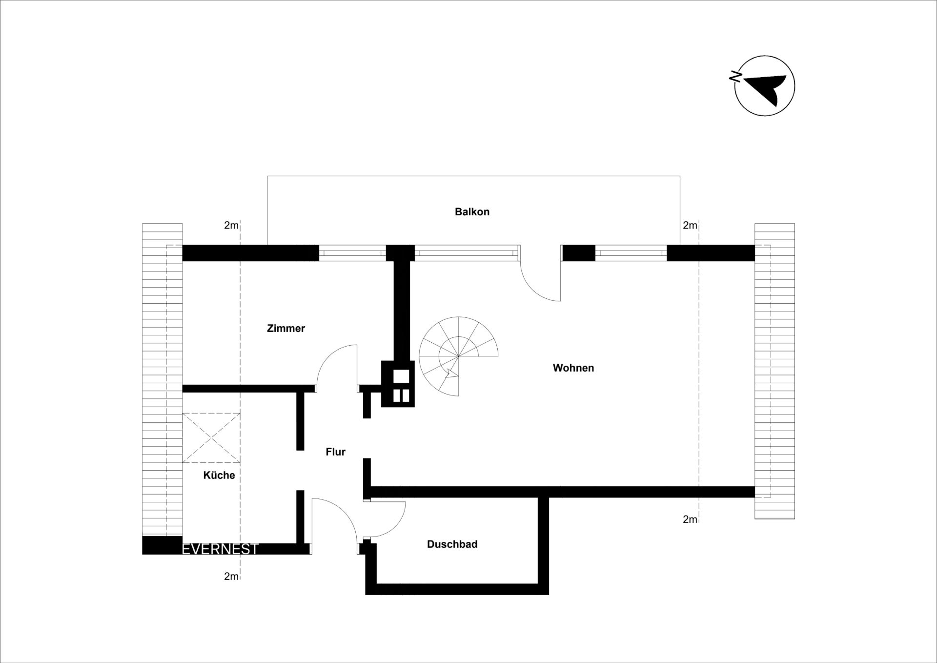 Grundriss einer Wohnung mit Zimmer, Wohnzimmer, Küche, Duschbad, Flur und Balkon.
