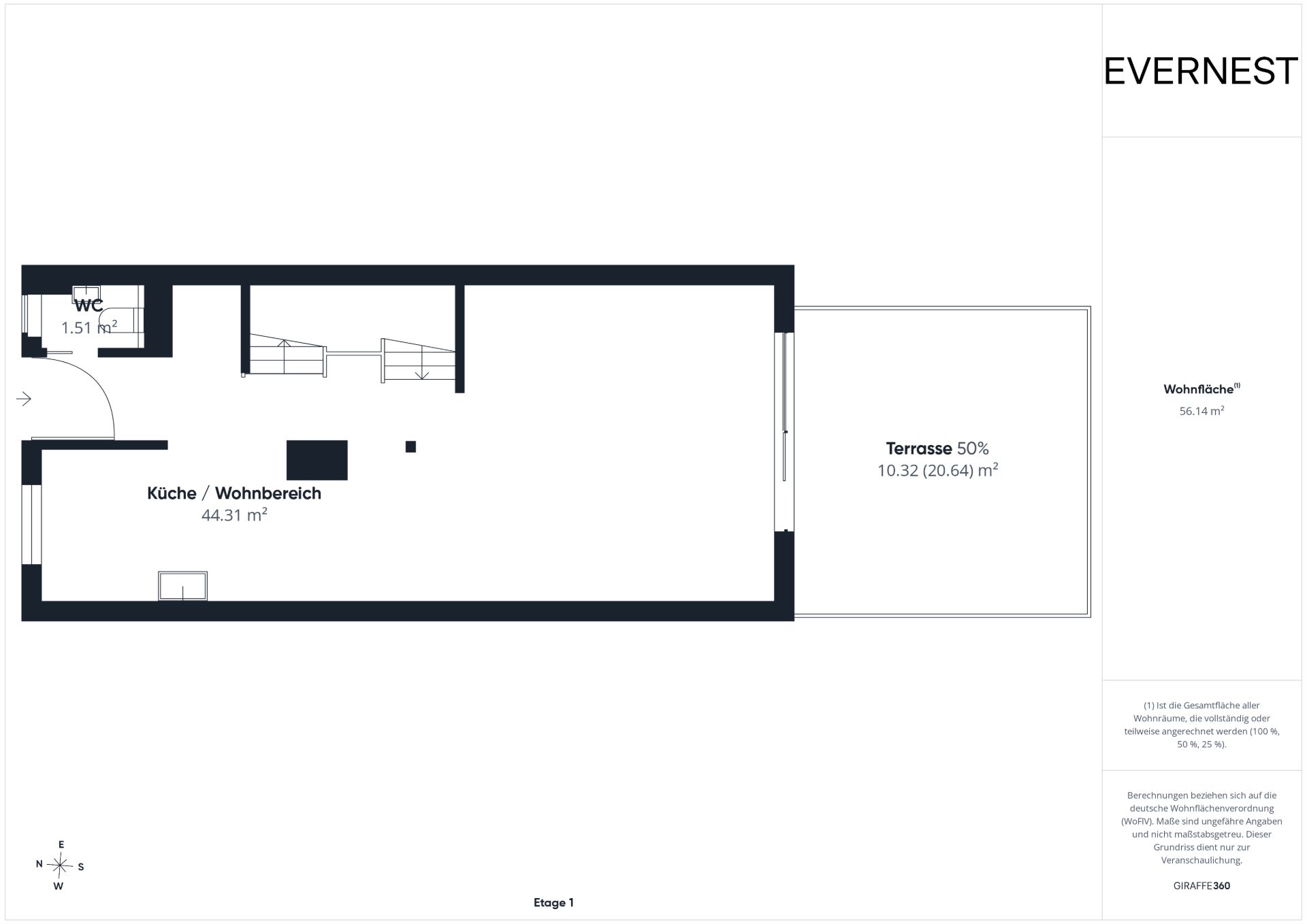 Grundriss mit Küche, Wohnbereich, WC und Terrasse.