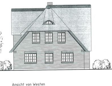 Zeichnung einer Hausfassade mit Satteldach und symmetrisch angeordneten Fenstern.
