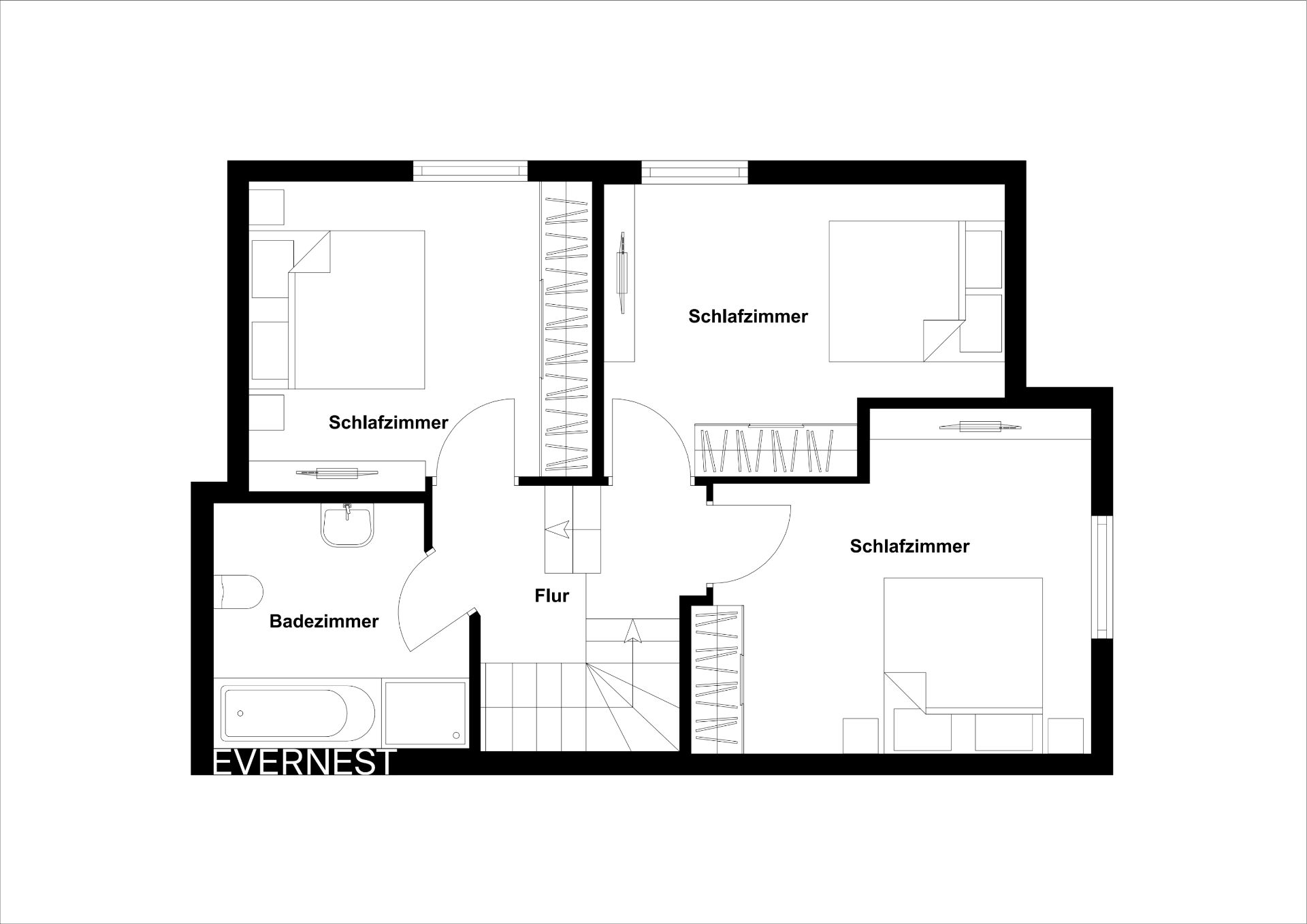 Grundriss mit drei Schlafzimmern, einem Badezimmer und einem Flur.