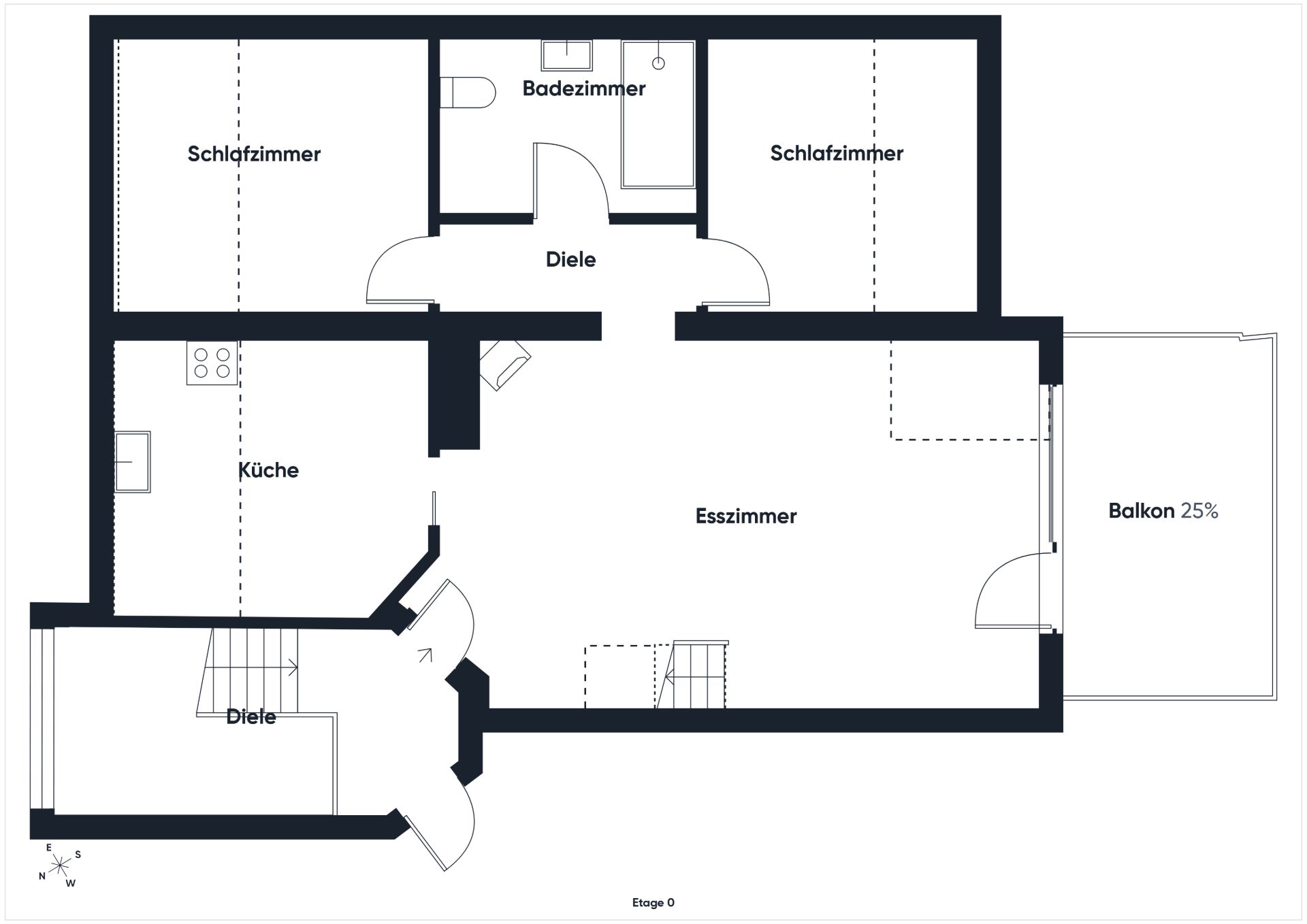 Grundriss einer Wohnung mit zwei Schlafzimmern, Esszimmer, Küche, Bad und Balkon.