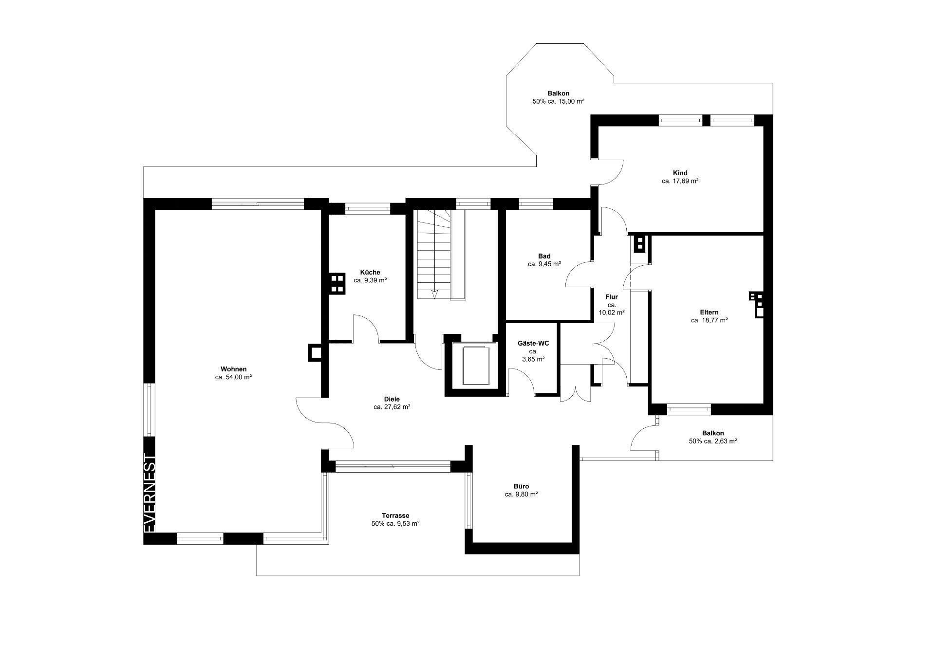 Grundriss einer Wohnung mit Wohnzimmer, Küche, Bad, Büro, Kind- und Elternzimmer, Terrasse und Balkon.