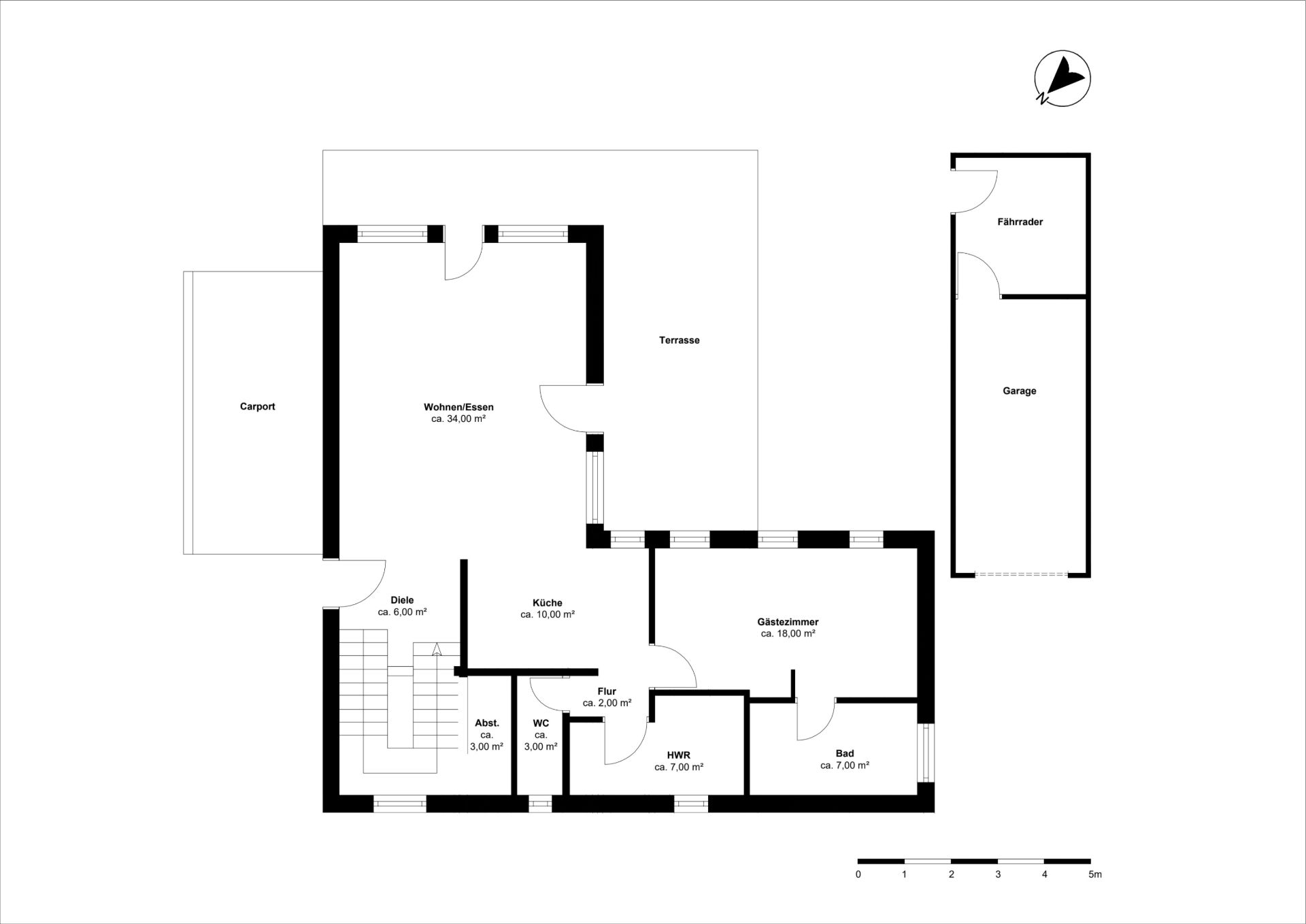 Grundriss eines Hauses mit Wohnzimmer, Küche, Bad, Gästezimmer, Terrasse, Carport und Garage.