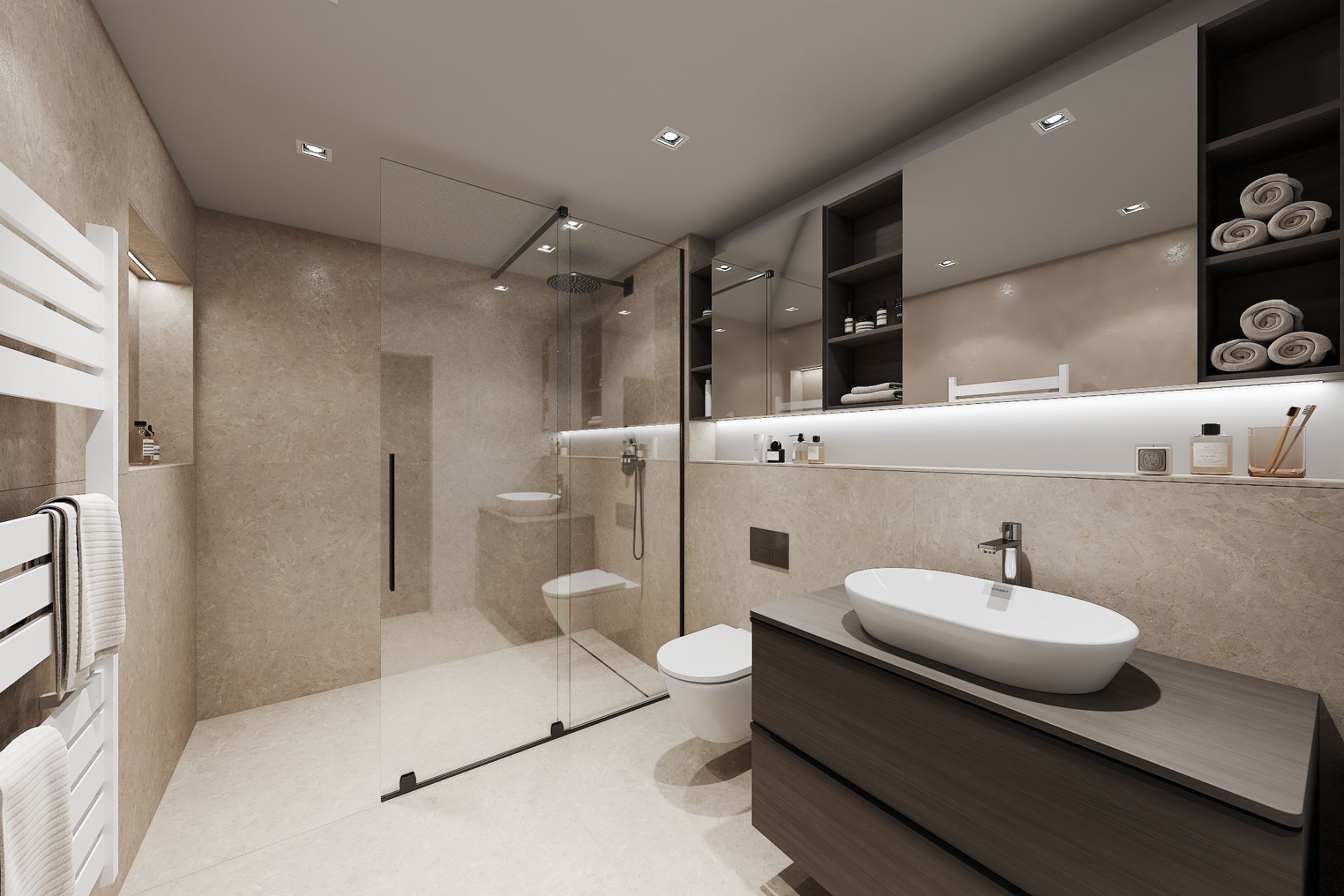 Modernes Badezimmer mit begehbarer Dusche, Waschtisch, Spiegel und Regalen mit Handtüchern.