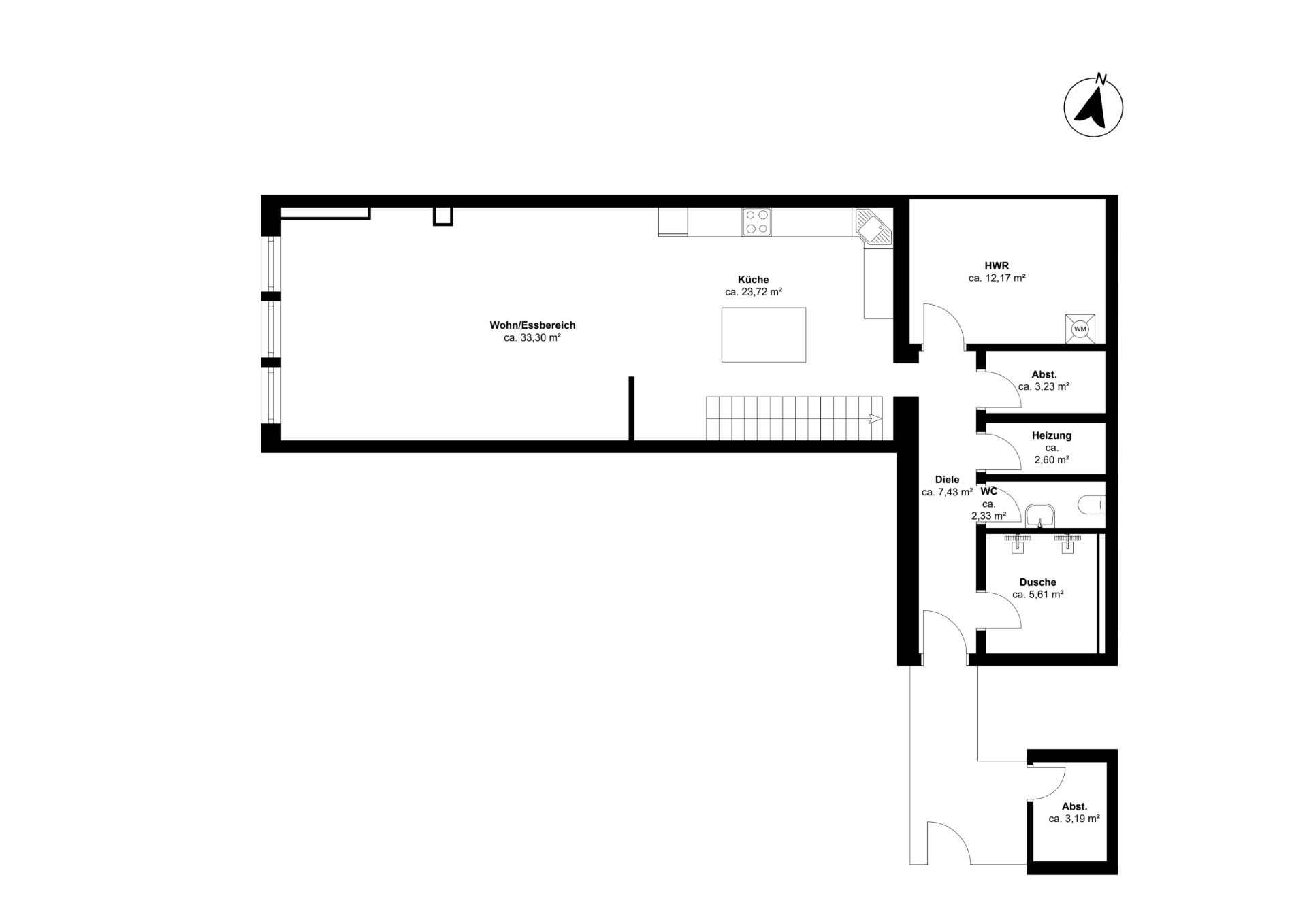 Grundriss mit Wohn-Essbereich, Küche, Bad, WC, Abstellräumen und Technikraum.