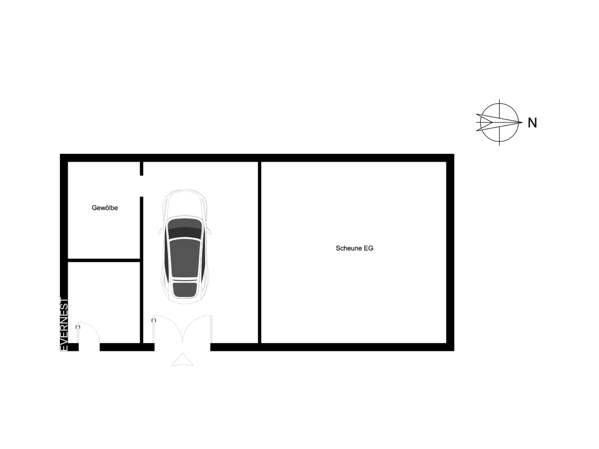 Grundriss mit Garage, Gewölbe und großem Scheunenraum im Erdgeschoss.