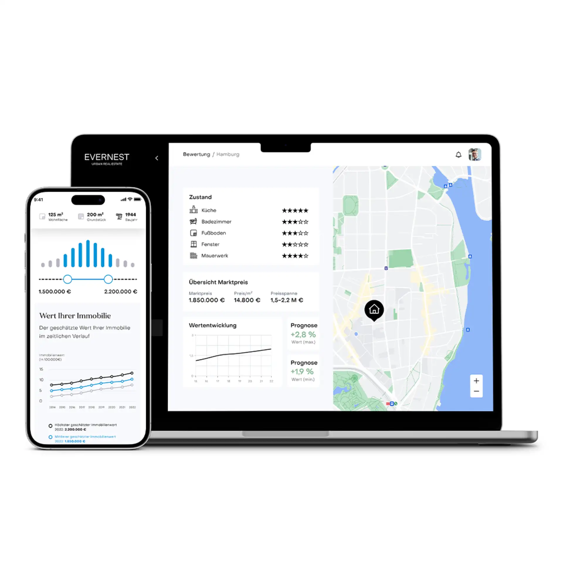 Smartphone und Laptop zeigen Immobilienbewertung mit Preisdiagrammen und Stadtkarte.