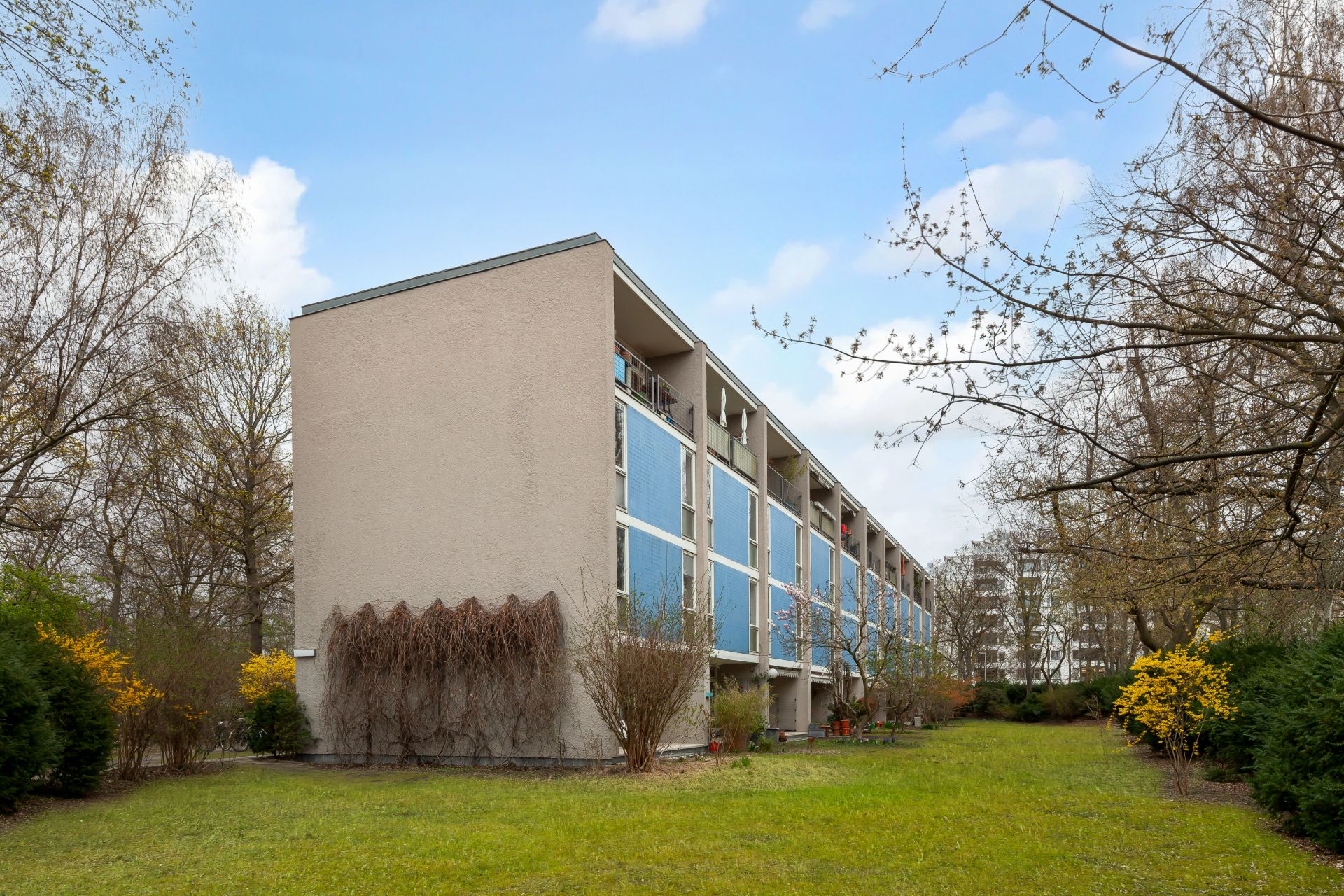 Mehrfamilienhaus mit blauen Balkonen, umgeben von Bäumen und einer großen Wiese.