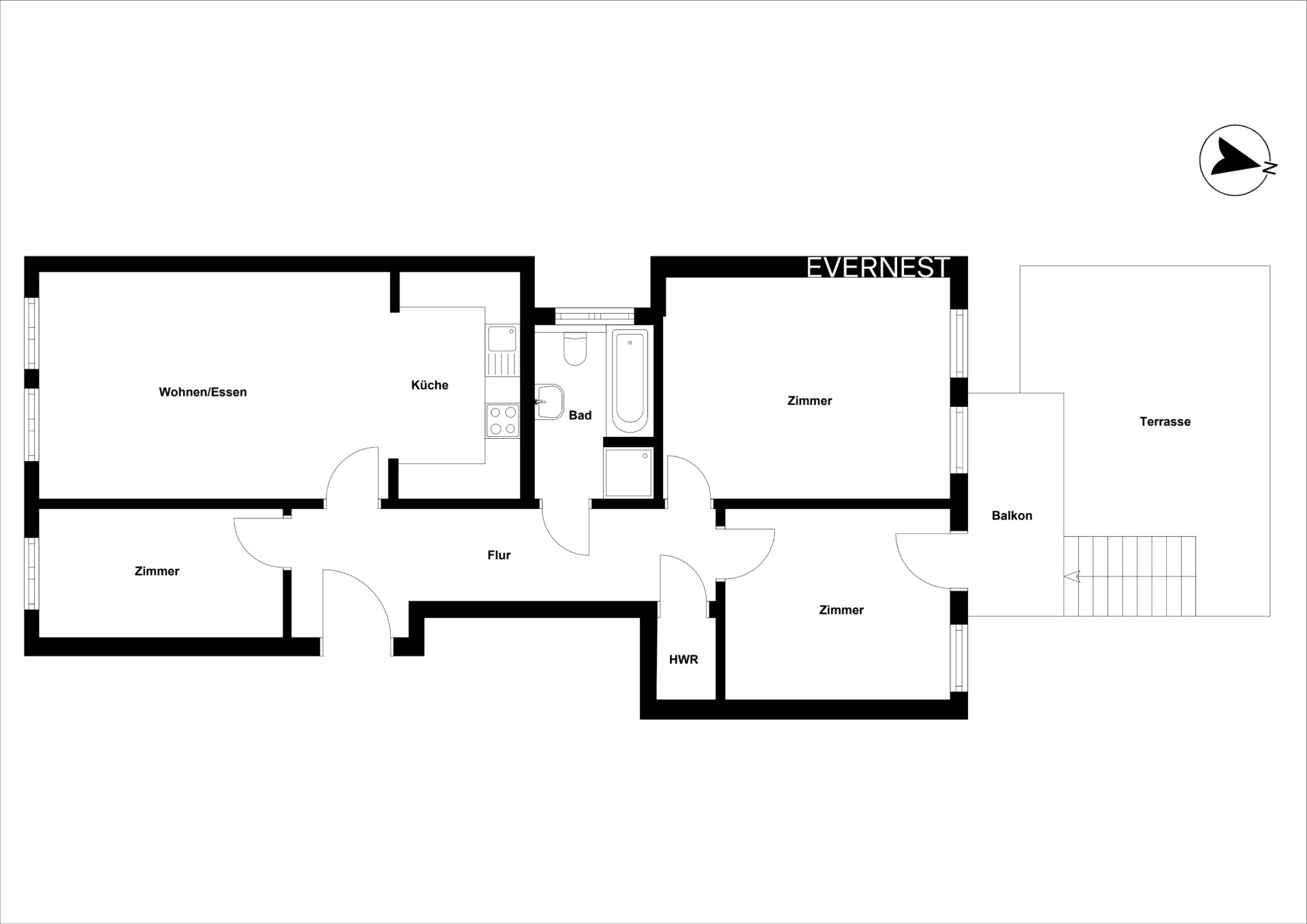 Grundriss einer Wohnung mit Zimmern, Küche, Bad, Flur, Balkon und Terrasse.